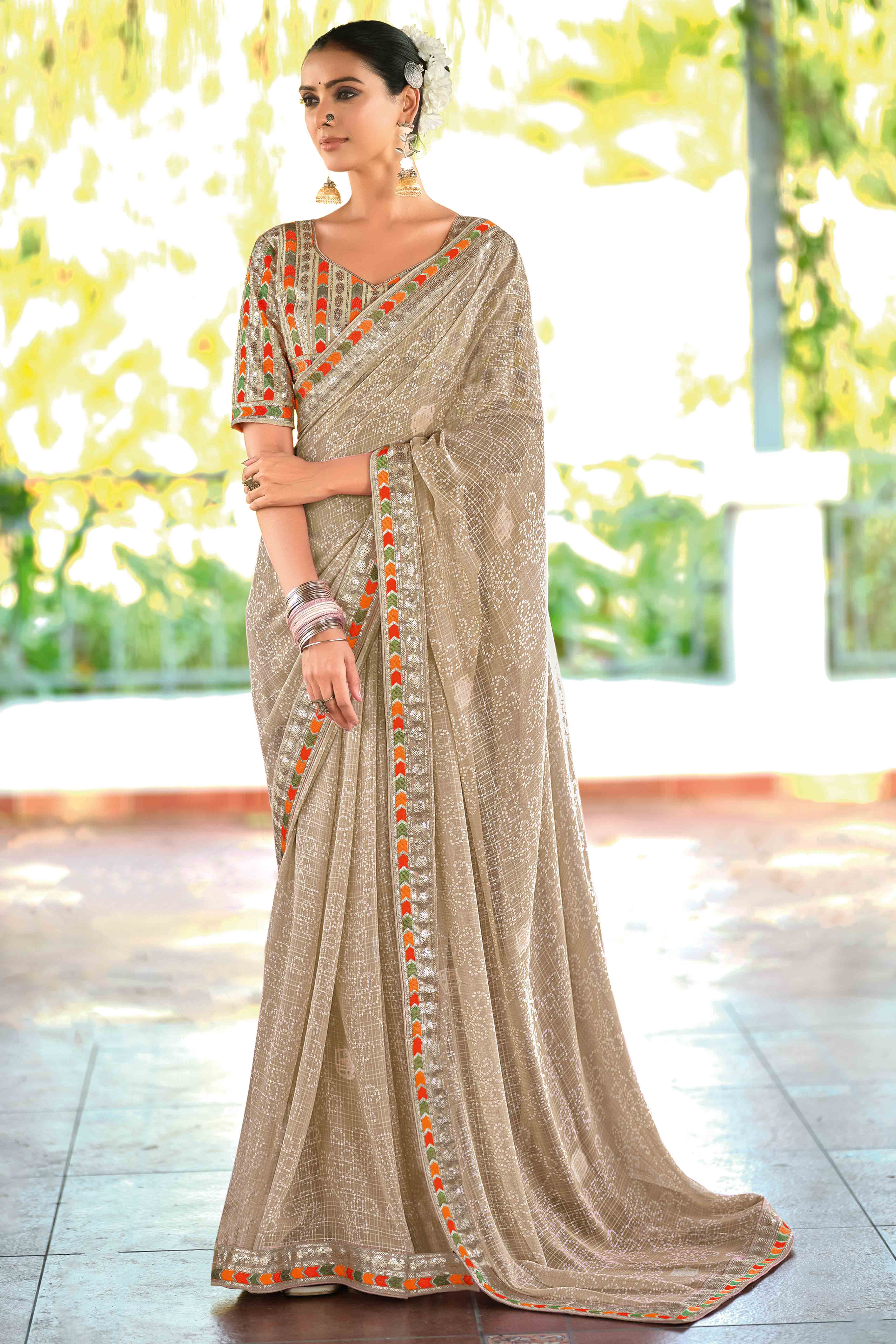 Taupe Bandhani Printed Georgette Saree With Glittering Sequin Embroidered Border