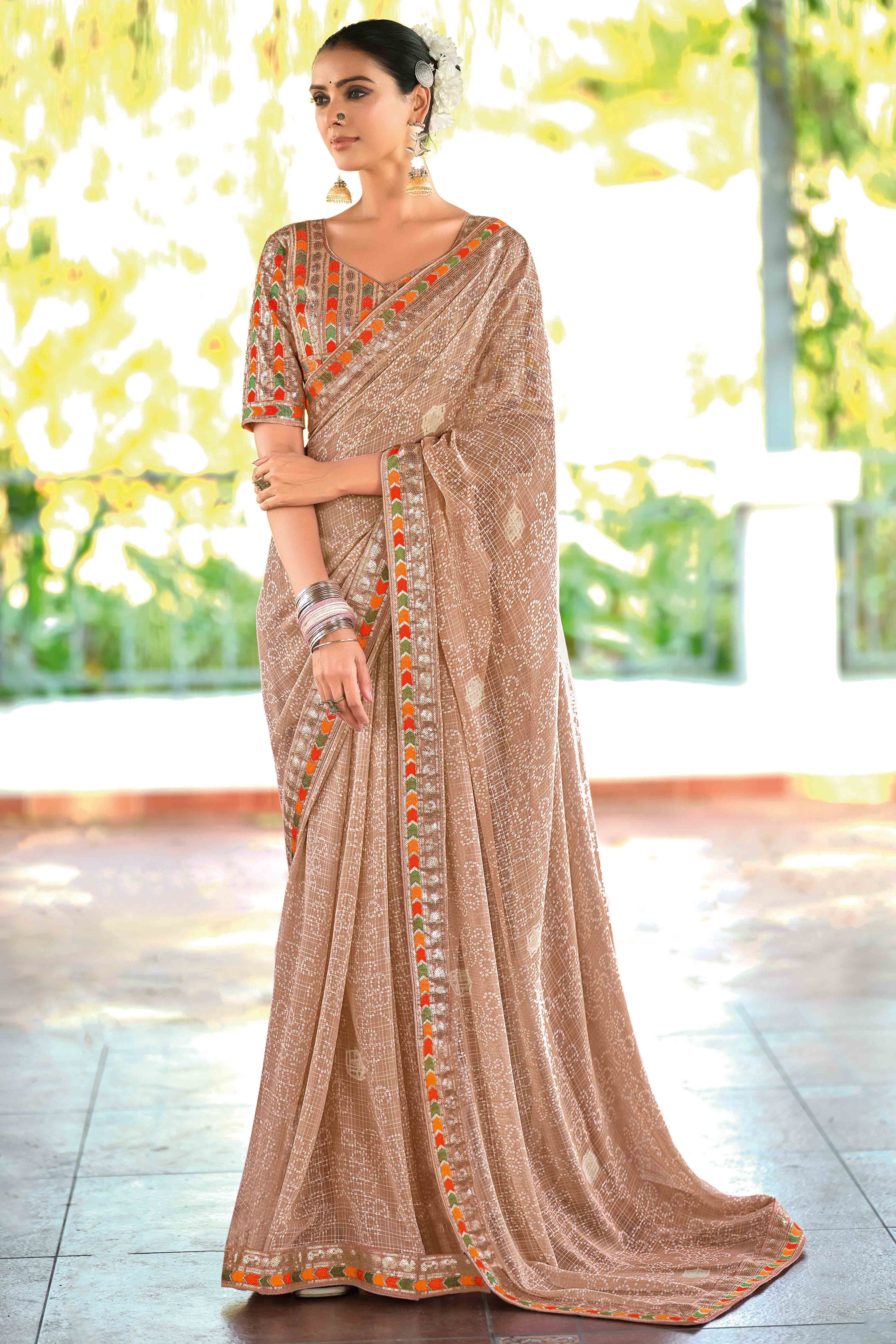 Brown Bandhani Printed Georgette Saree With Glittering Sequin Embroidered Border