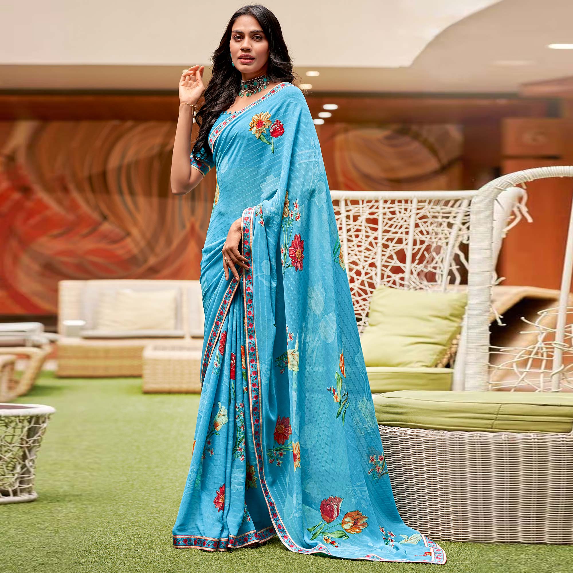 Turquoise Floral Printed Georgette Saree with Digital Border