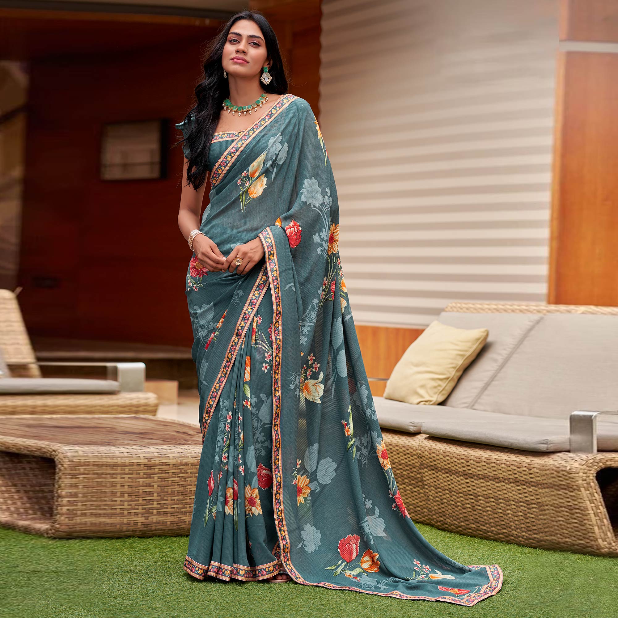 Grey Floral Printed Georgette Saree with Digital Border