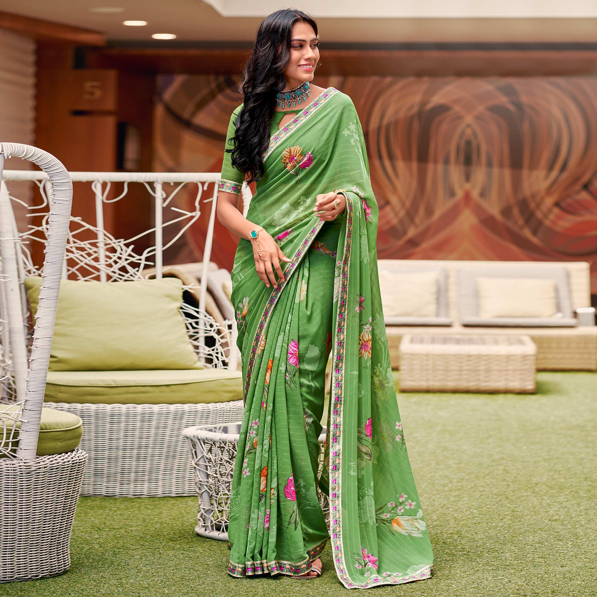 Green Floral Printed Georgette Saree with Digital Border