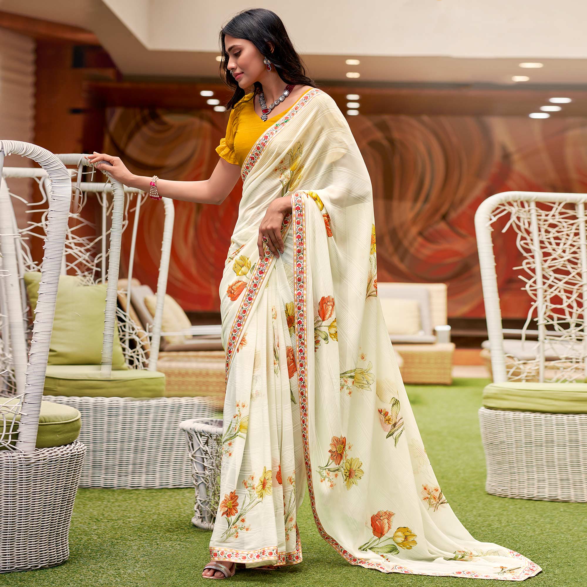 Off White Floral Printed Georgette Saree with Digital Border