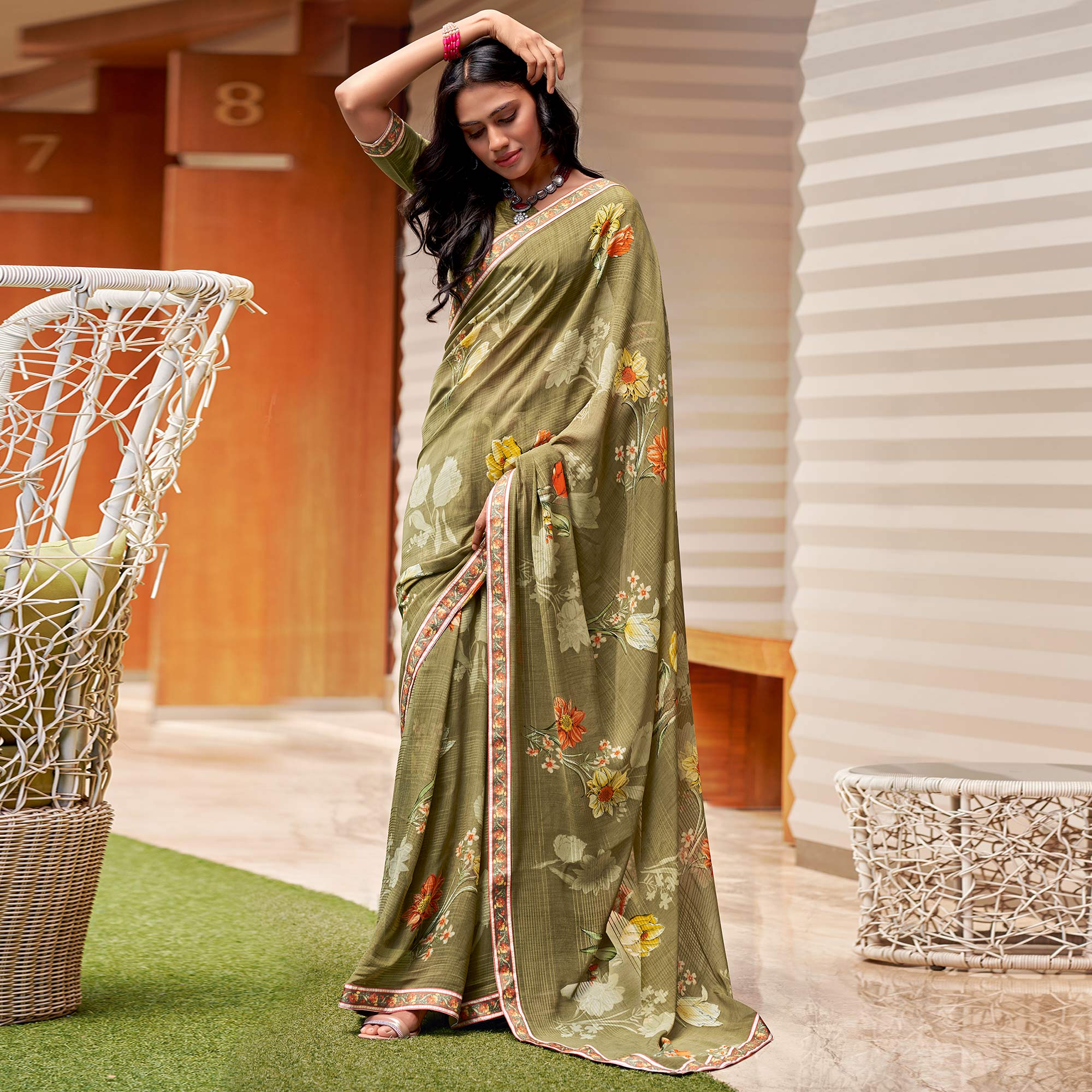 Olive Floral Printed Georgette Saree with Digital Border