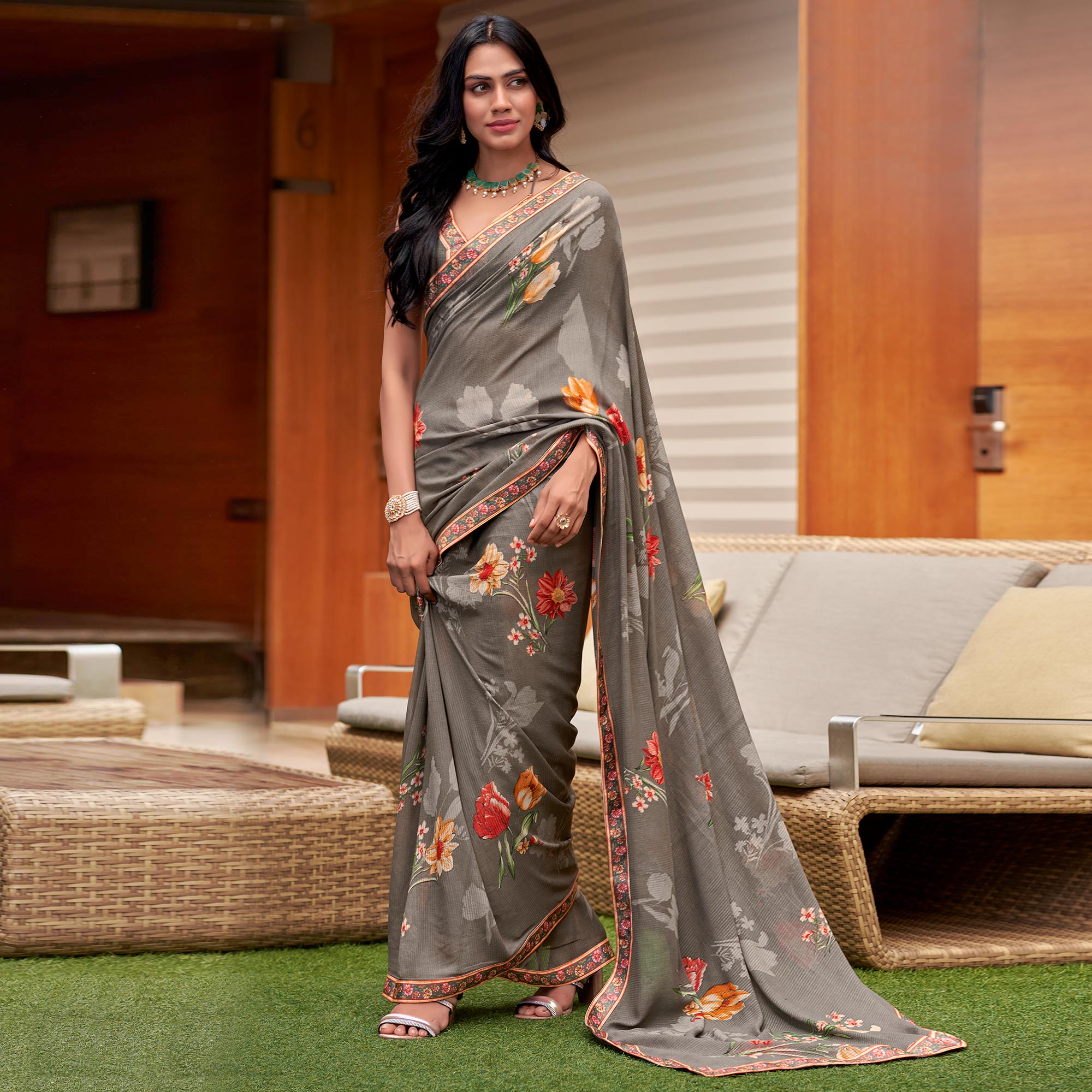 Grey Floral Printed Georgette Saree with Digital Border