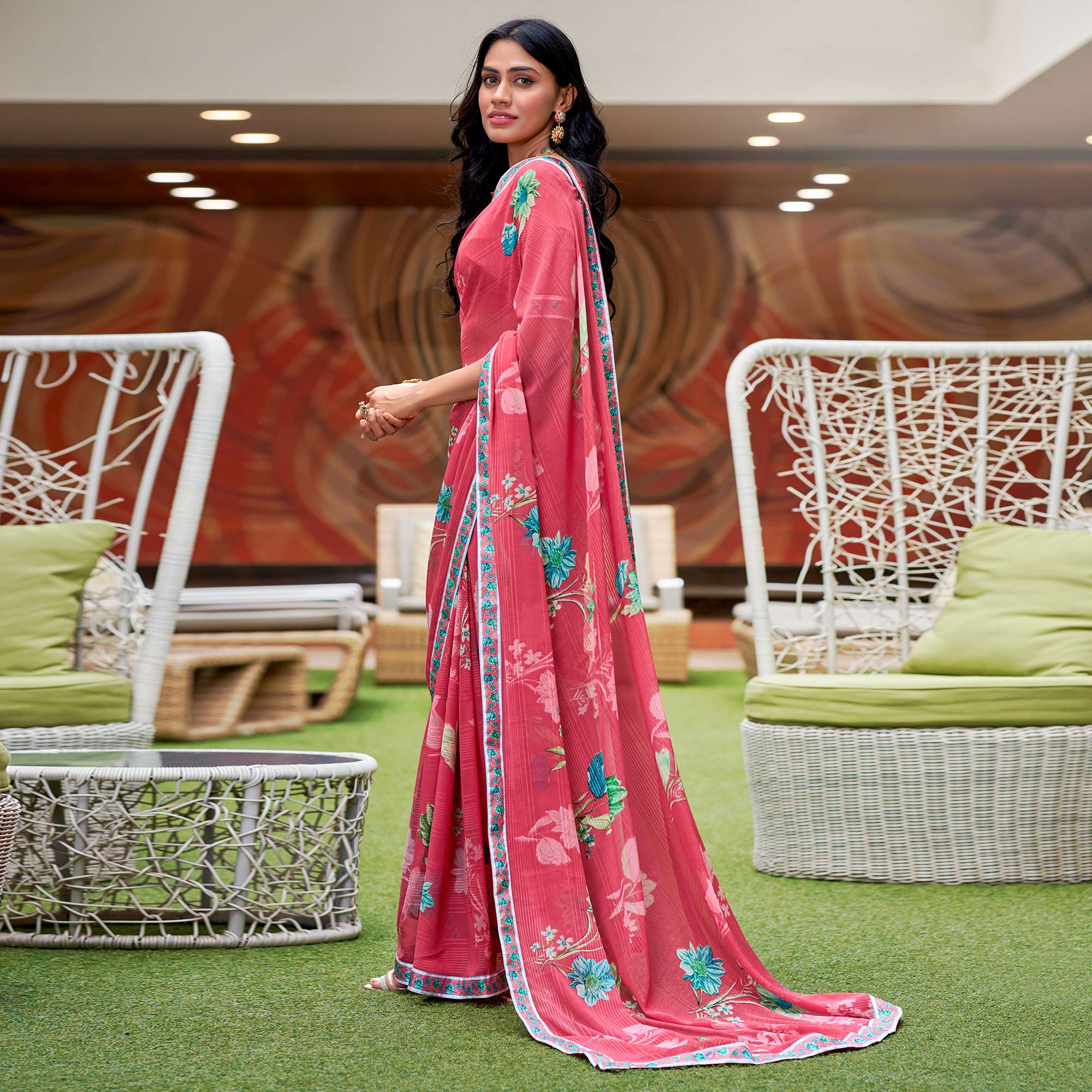 Pink Floral Printed Georgette Saree with Digital Border