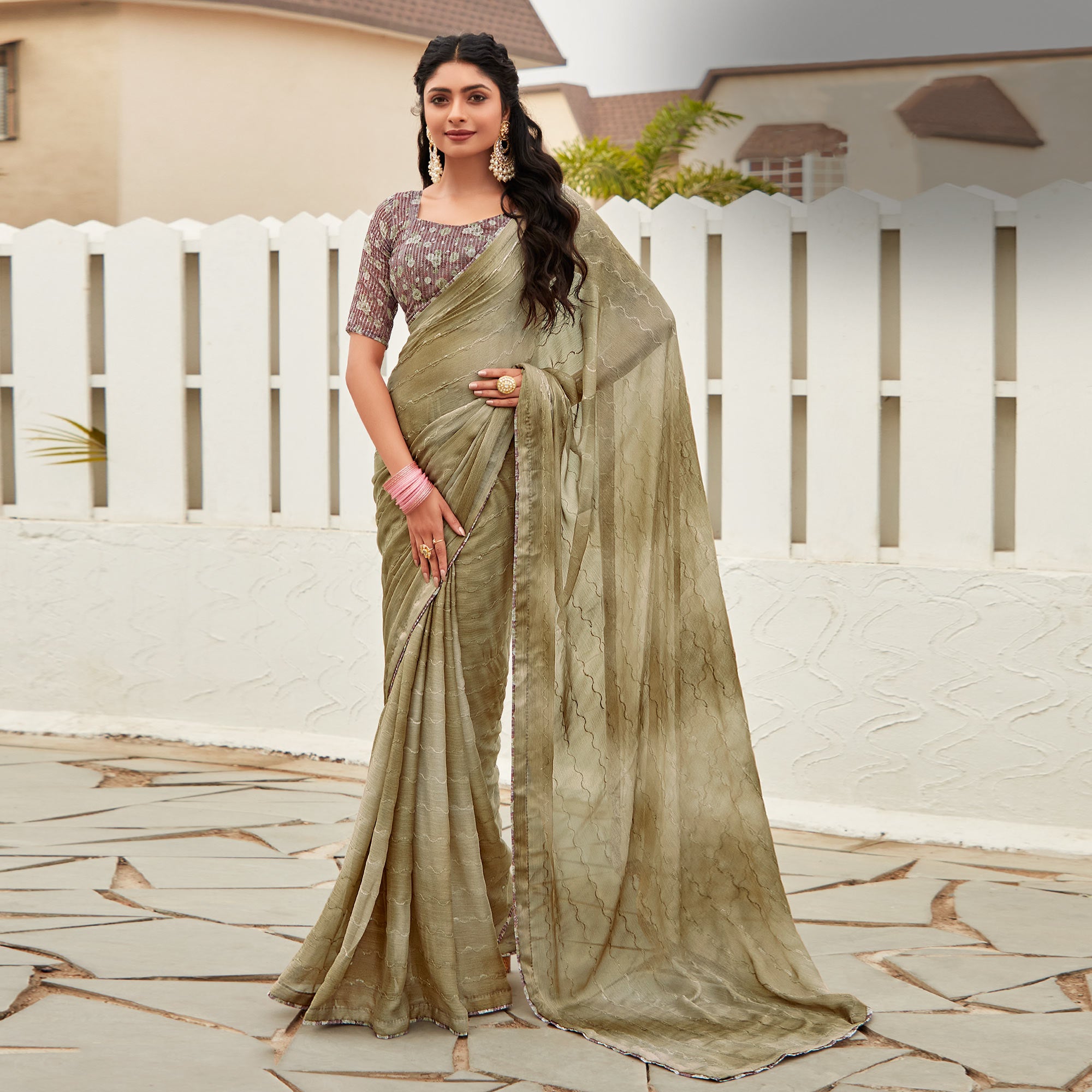 Olive Green Sequins Embroidered Chiffon Saree