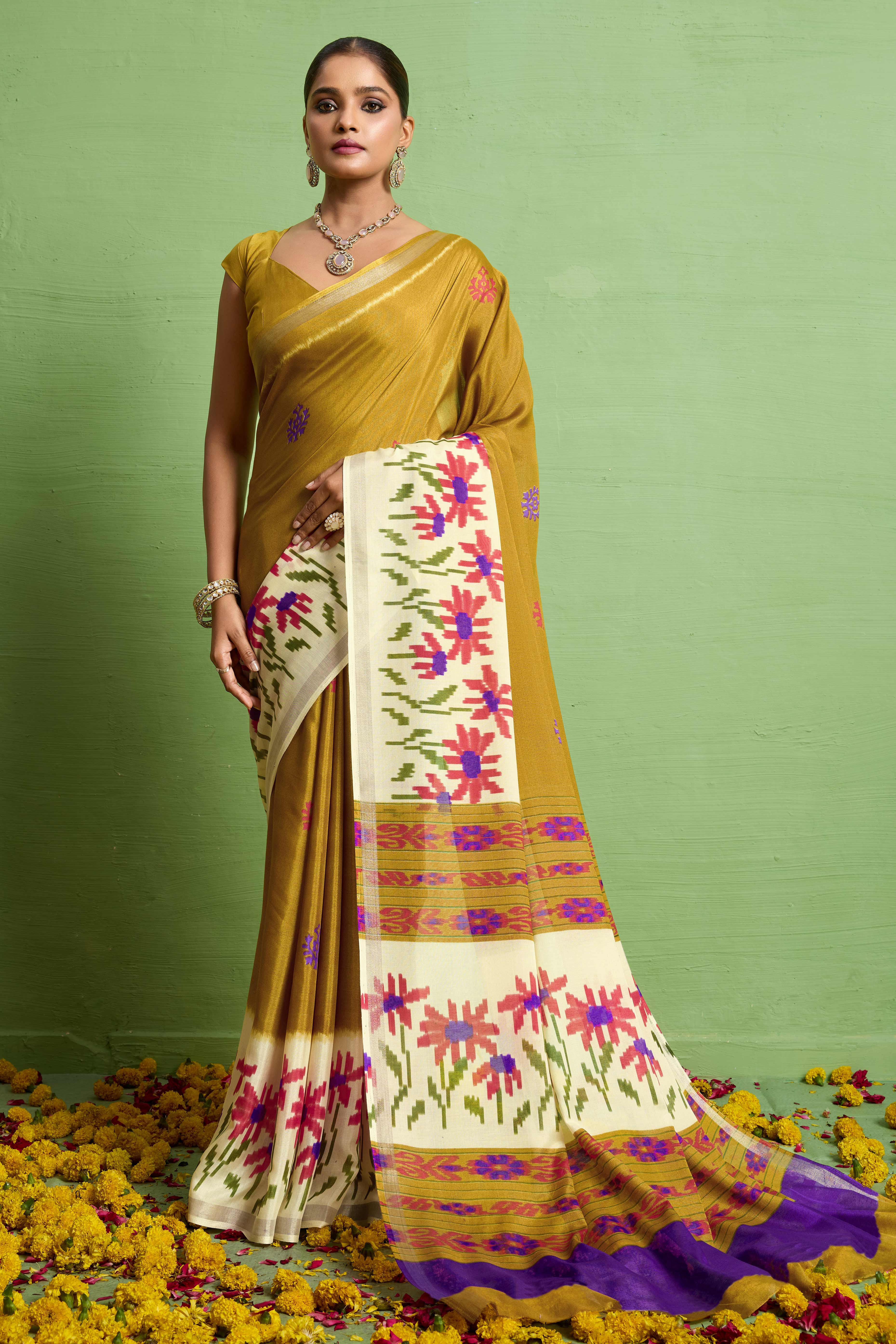 Traditional Mustard Silk Blend Saree with Ikkat Print & Zari Edging
