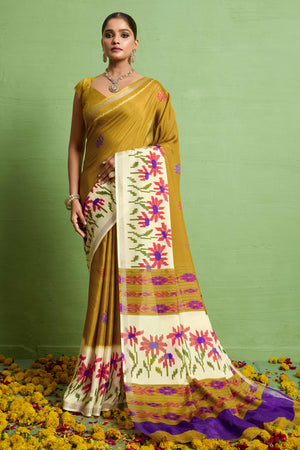 Traditional Mustard Silk Blend Saree with Ikkat Print & Zari Edging