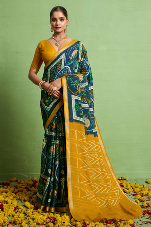 Traditional Morpich Blue Silk Blend Saree with Ikkat Print & Zari Edging