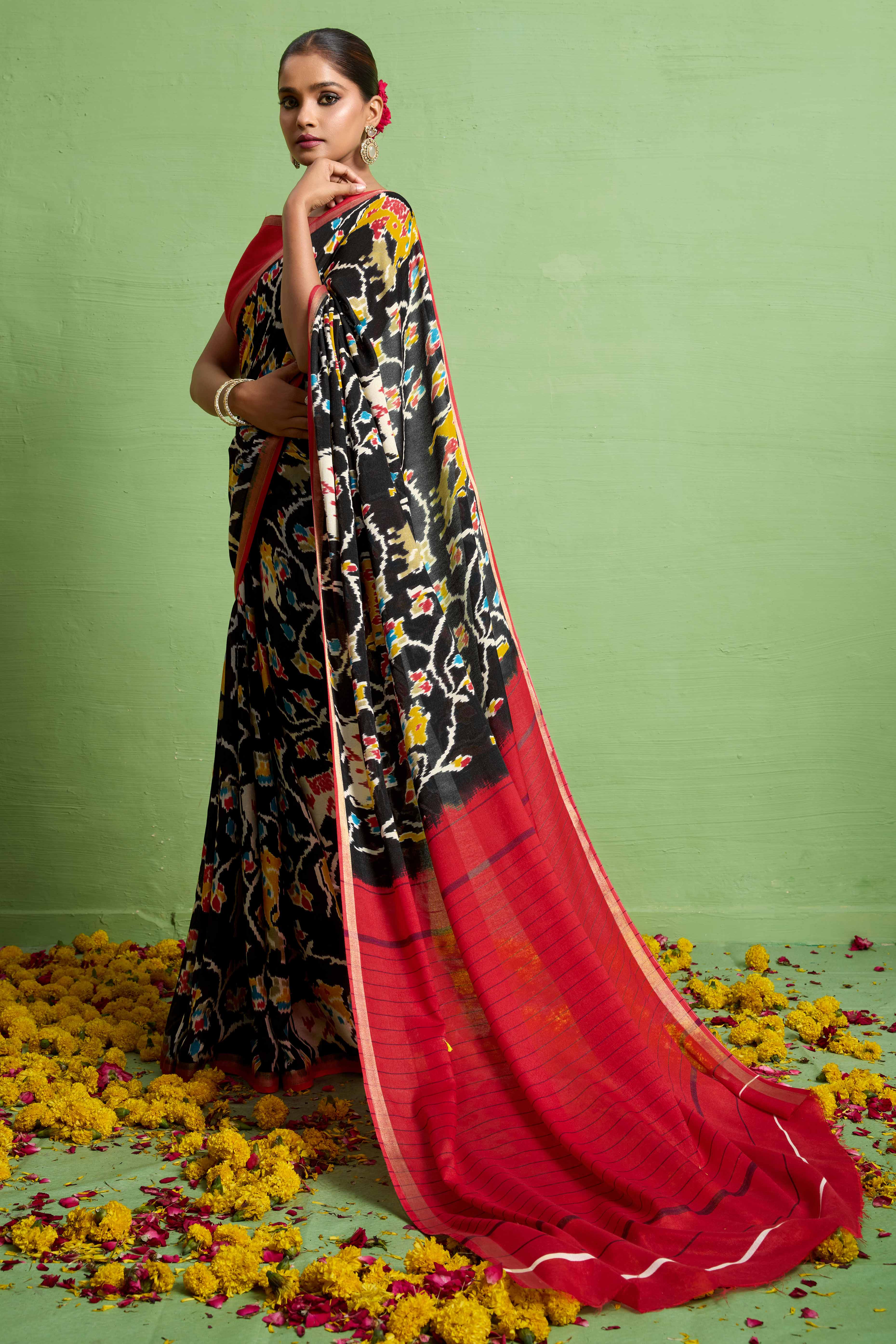 Traditional Black Silk Blend Saree with Ikkat Print & Zari Edging