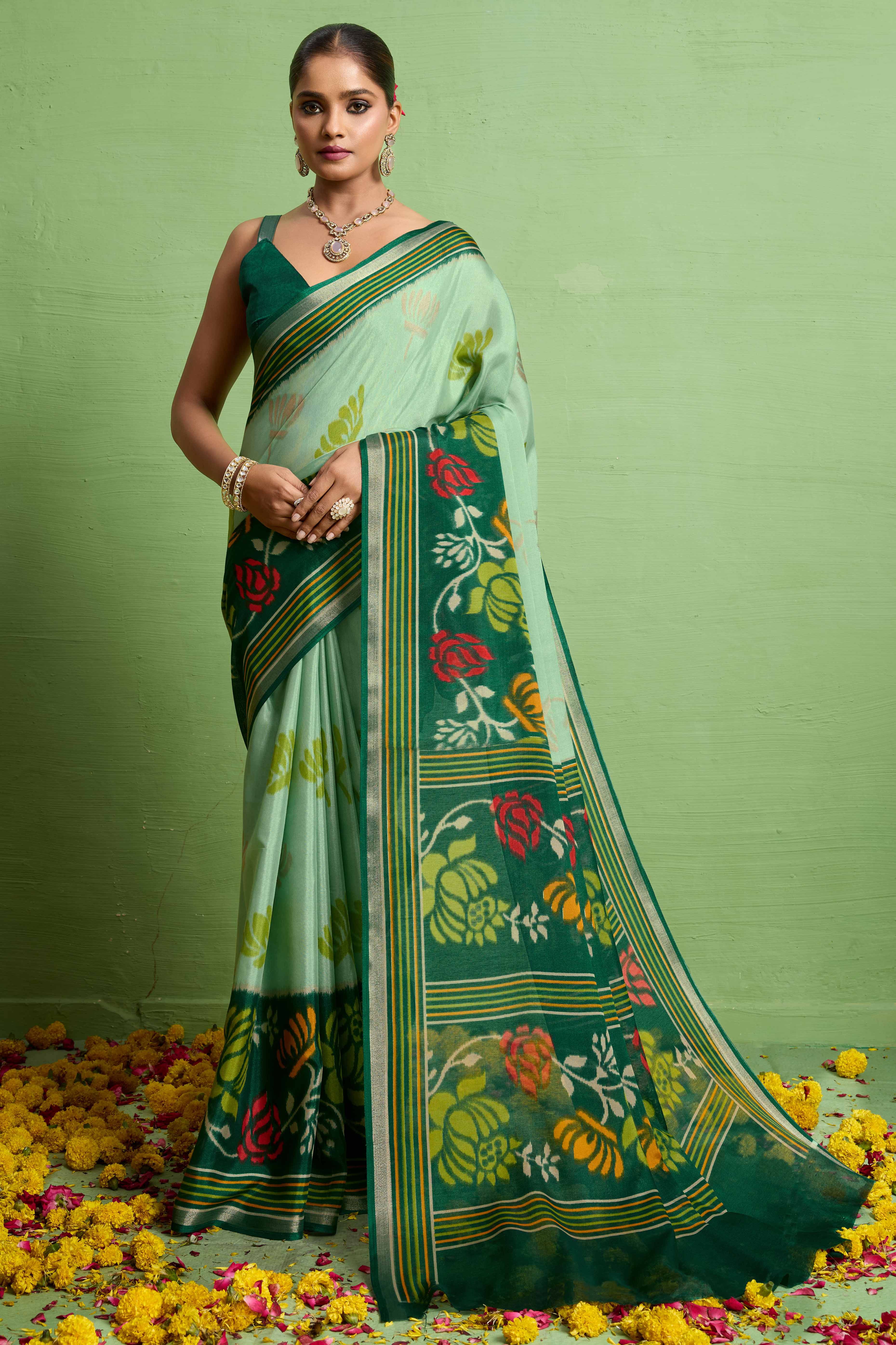 Traditional Aqua Green Silk Blend Saree with Ikkat Print & Zari Edging
