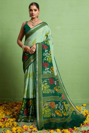 Traditional Aqua Green Silk Blend Saree with Ikkat Print & Zari Edging