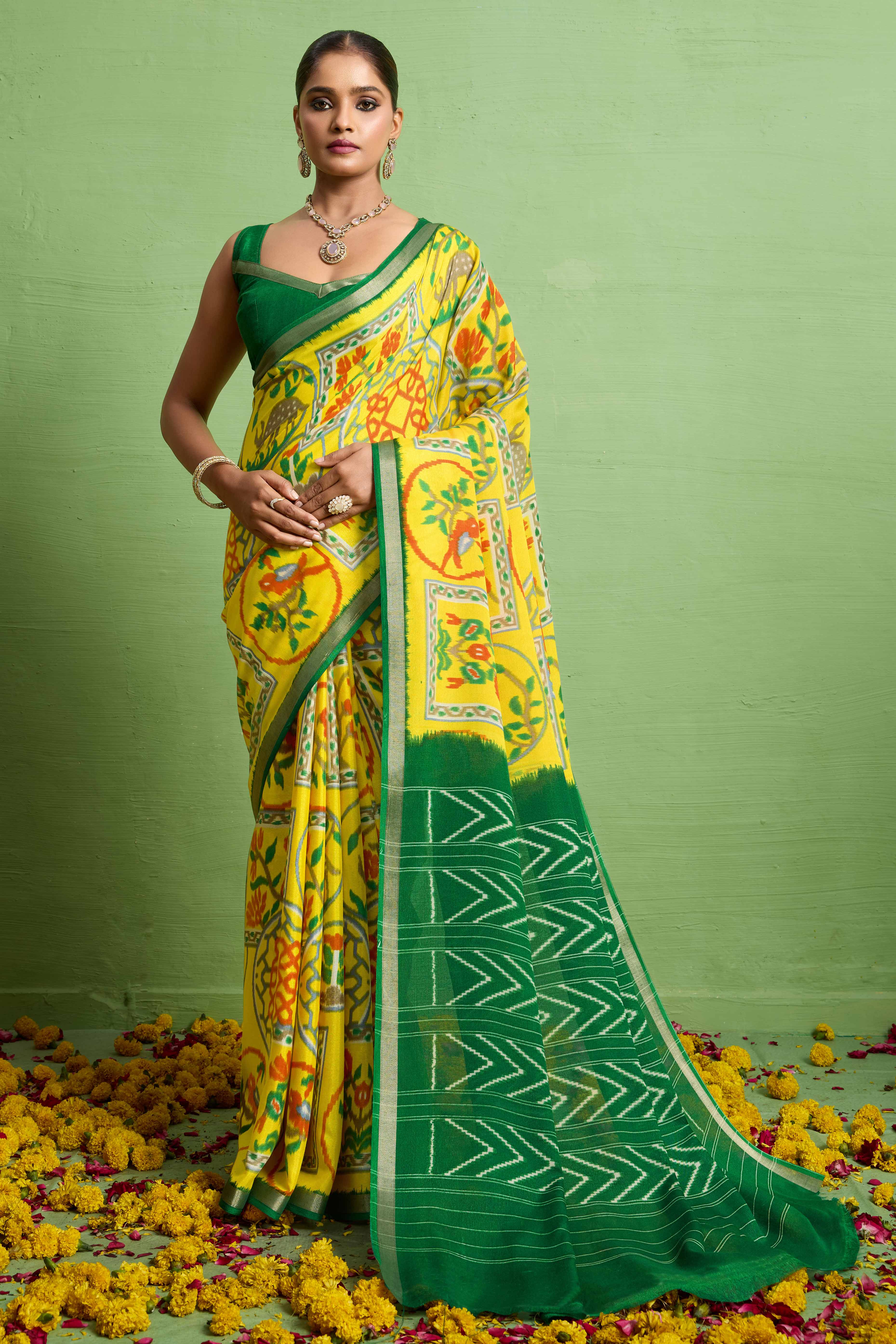 Traditional Yellow Silk Blend Saree with Ikkat Print & Zari Edging