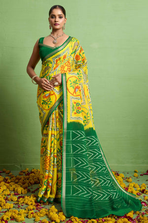 Traditional Yellow Silk Blend Saree with Ikkat Print & Zari Edging
