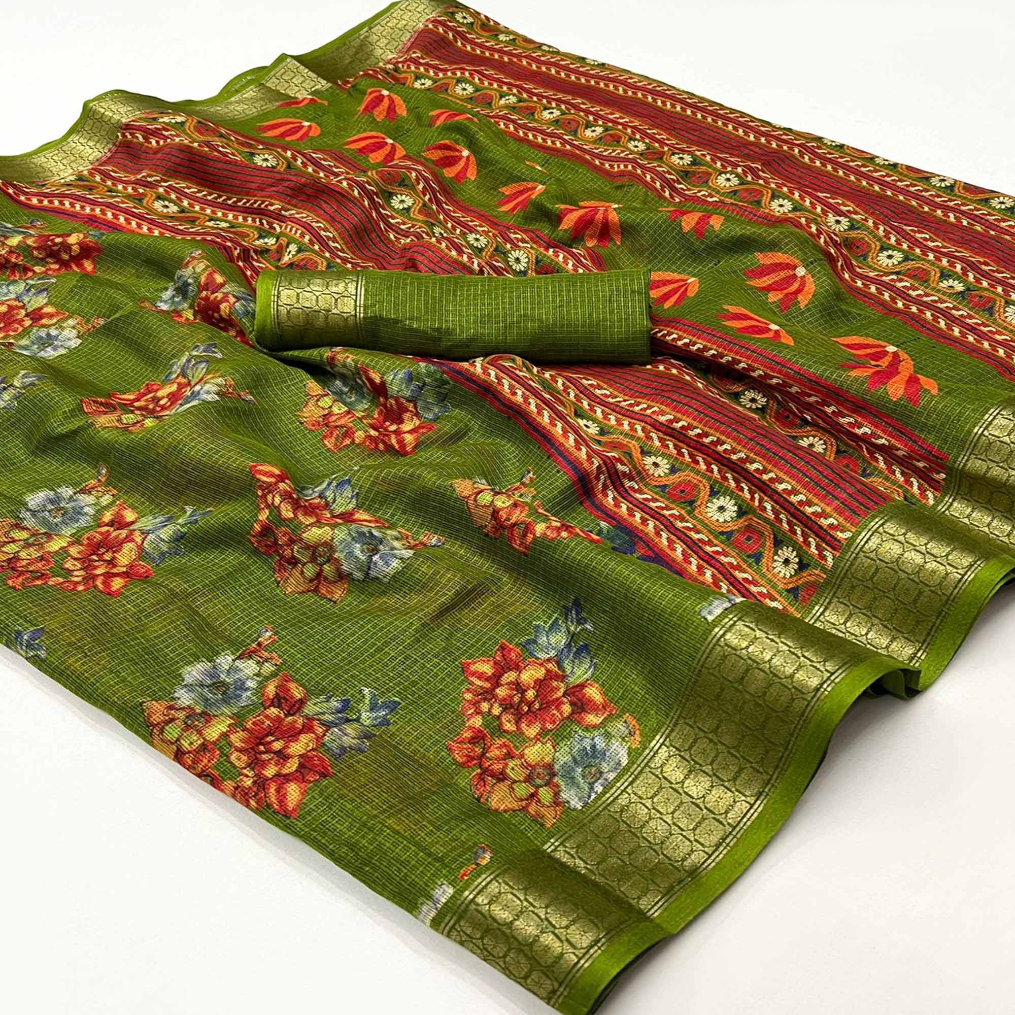Green Floral Printed Cotton Silk Saree