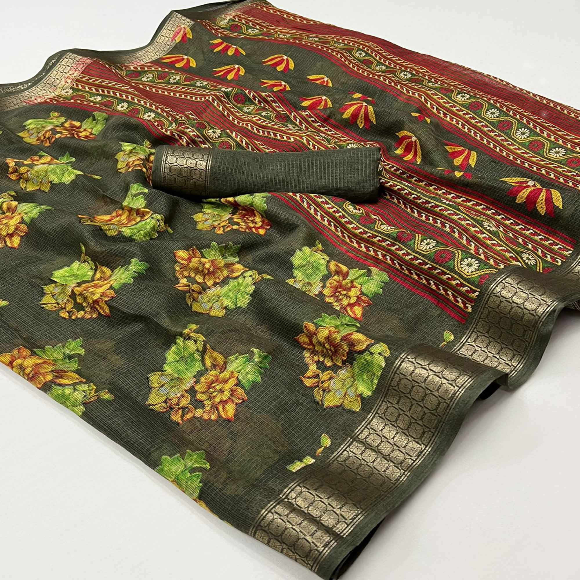 Mehandi Green Floral Printed Cotton Silk Saree
