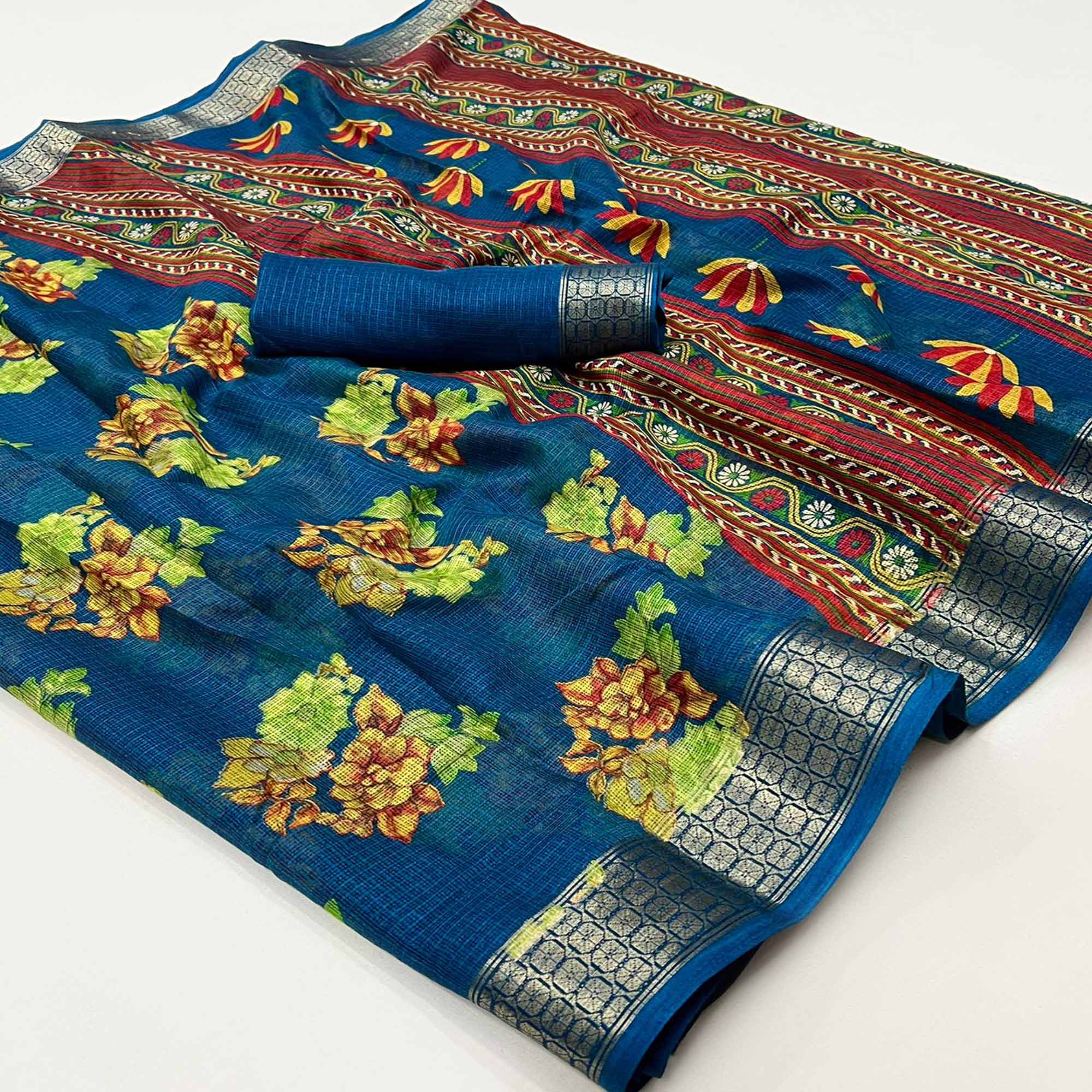 Teal Floral Printed Cotton Silk Saree
