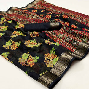 Black Floral Printed Cotton Silk Saree