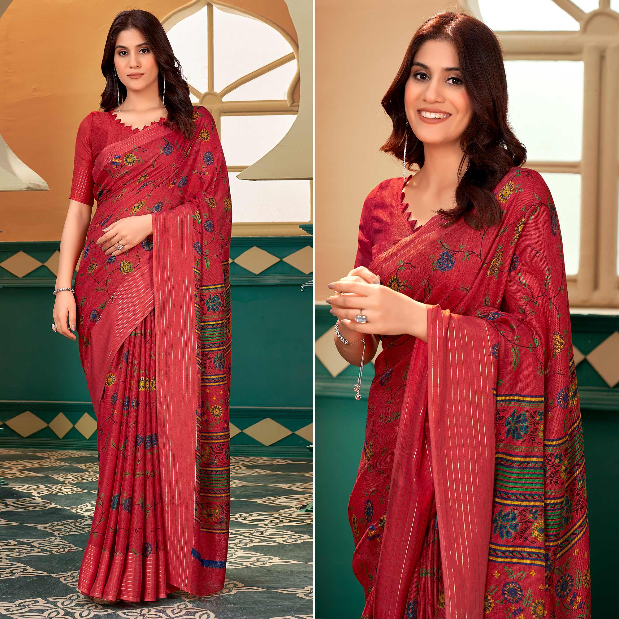 Red Floral Printed Linen Saree