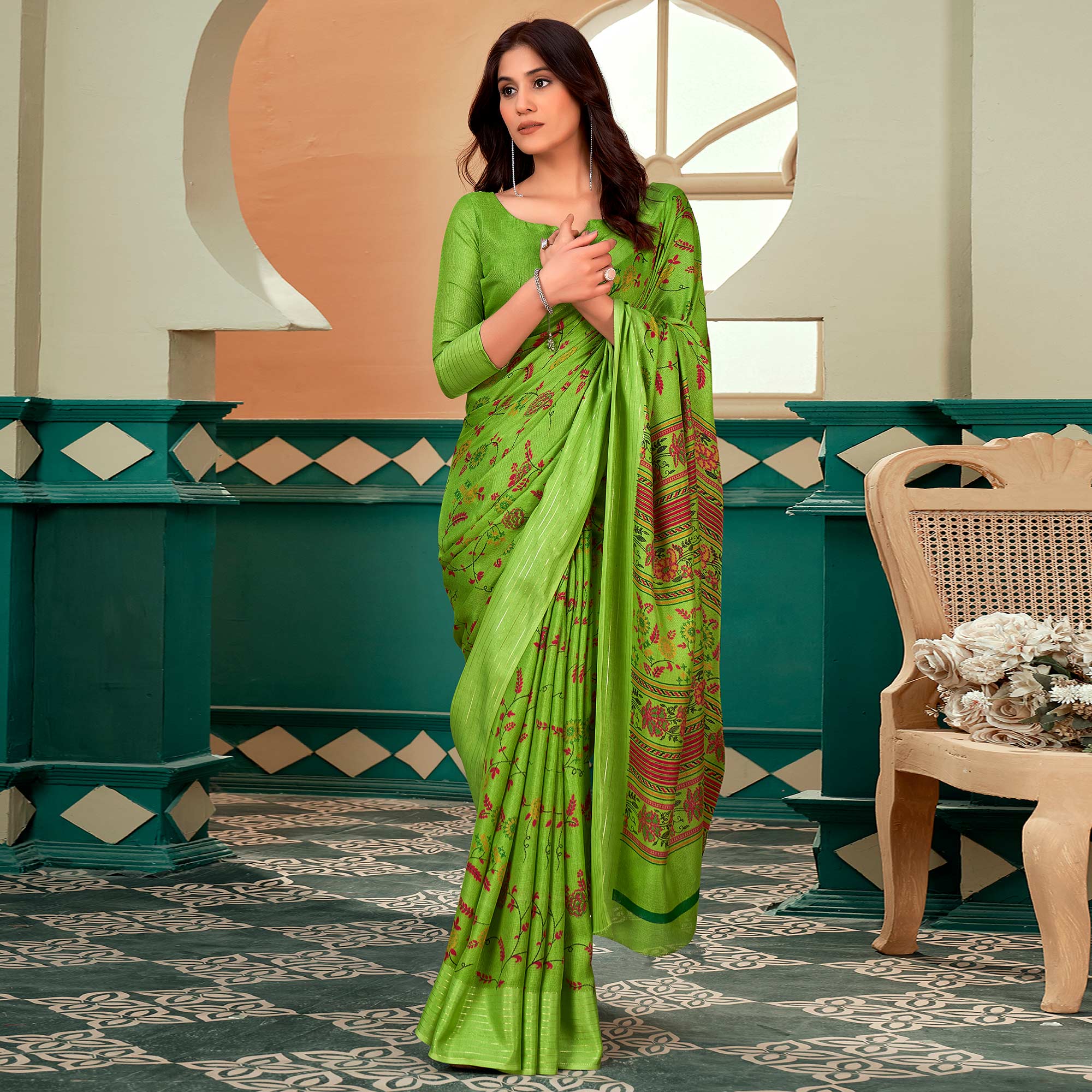 Green Floral Printed Linen Saree