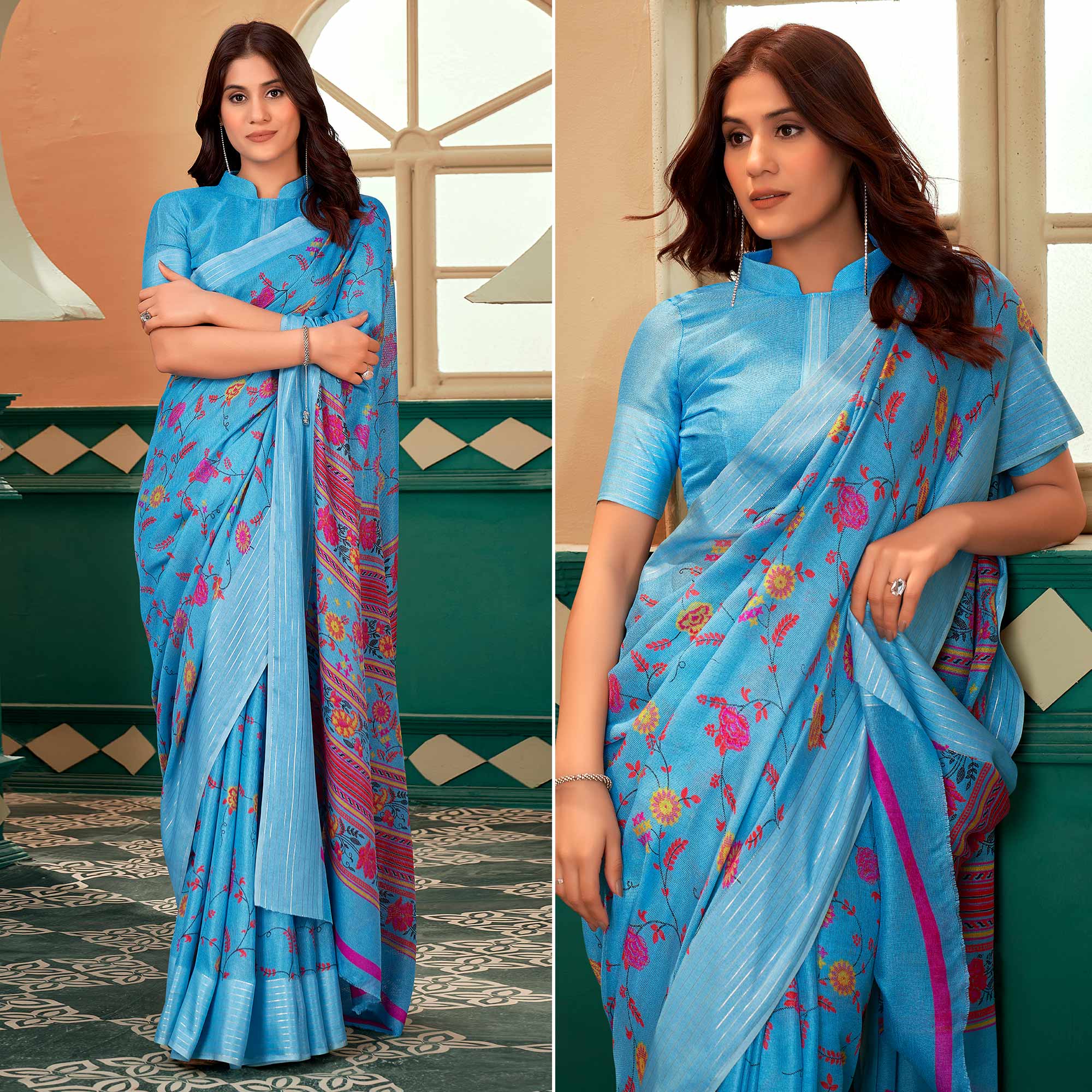 Blue Floral Printed Linen Saree