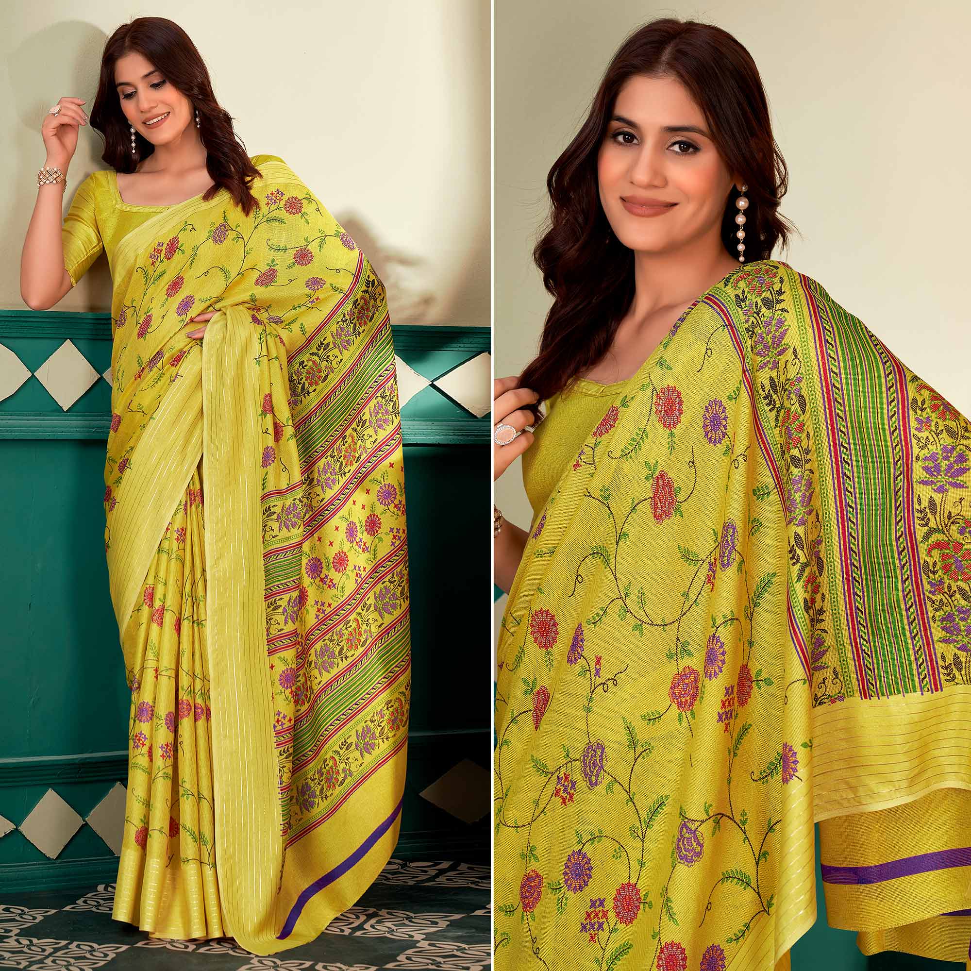 Yellow Floral Printed Linen Saree