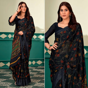 Black Floral Printed Linen Saree