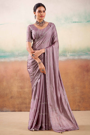 Dusty Purple Two Tone Chiffon Saree Adorned With Floral Cording Embroidery & Sequins Work
