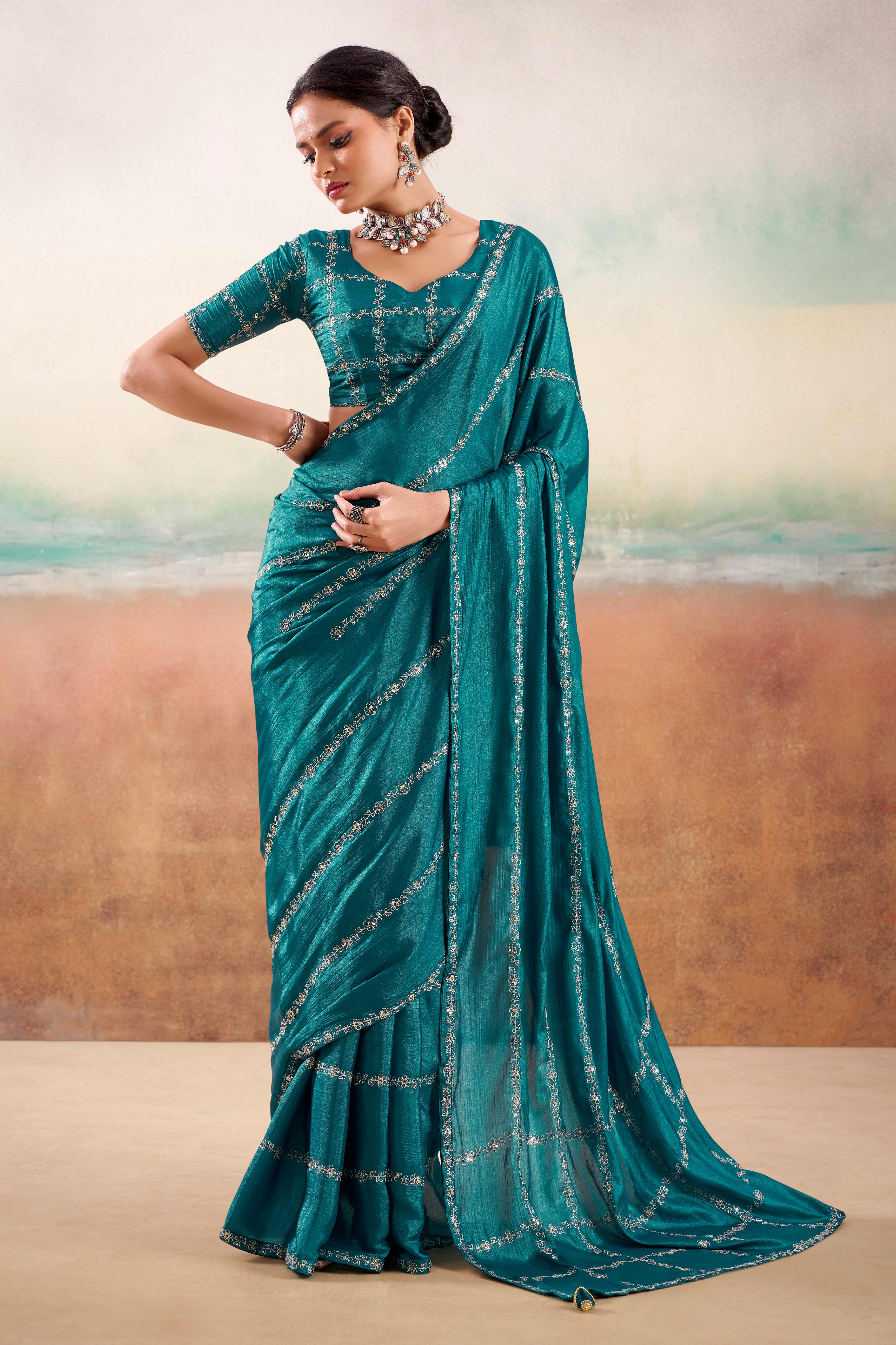 Teal Two Tone Chiffon Saree Adorned With Floral Cording Embroidery & Sequins Work