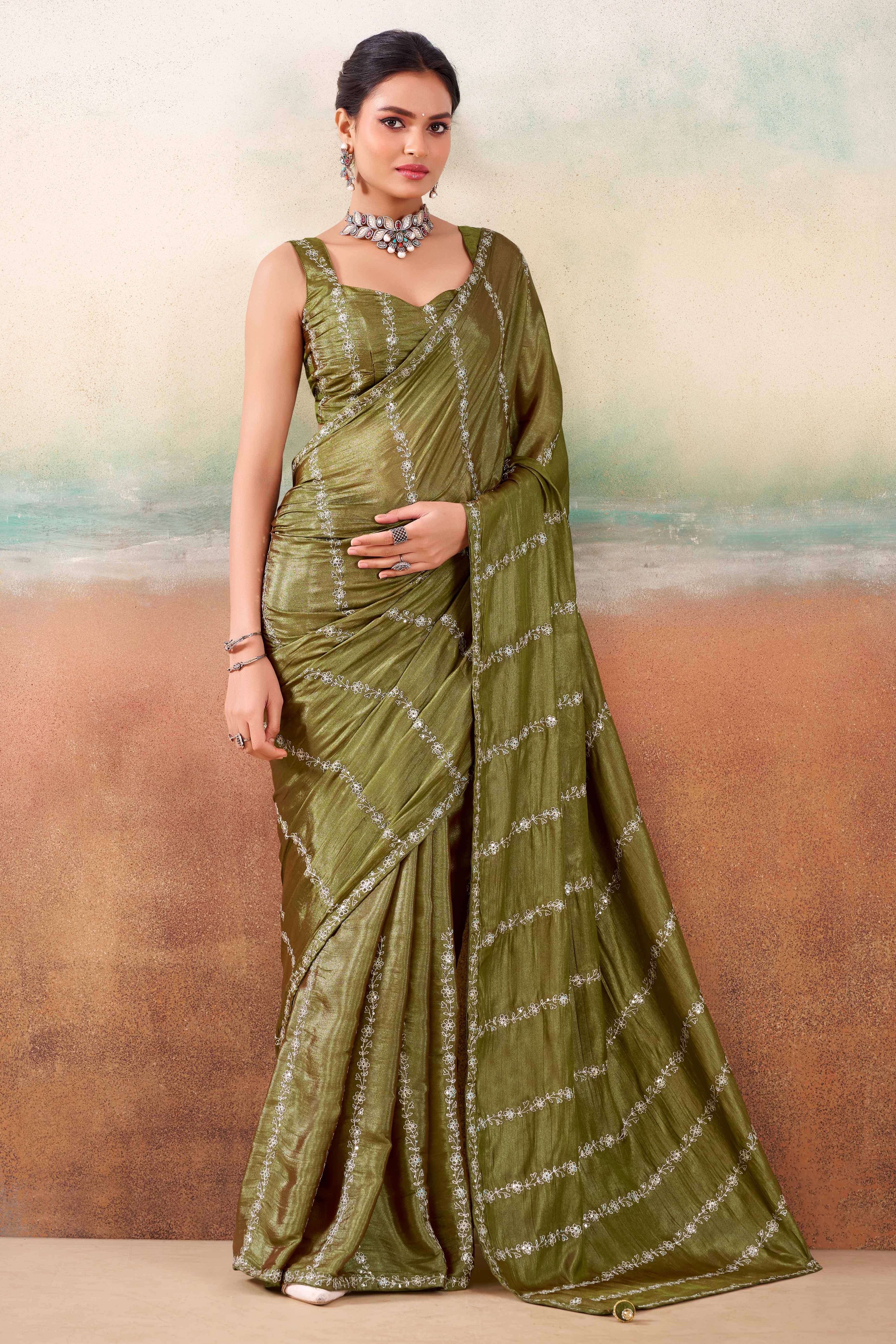 Olive Two Tone Chiffon Saree Adorned With Floral Cording Embroidery & Sequins Work
