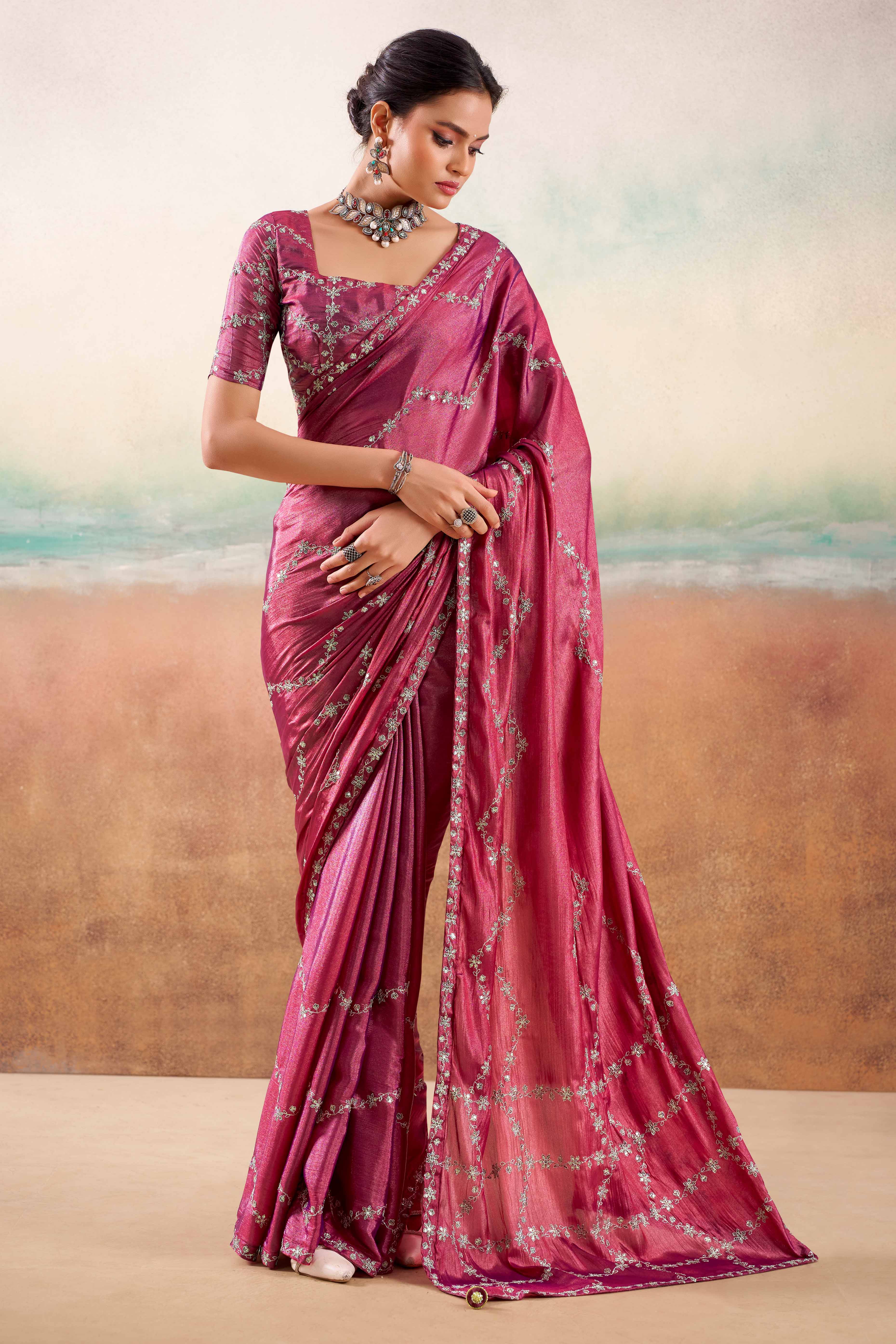 Magenta Pink Two Tone Chiffon Saree Adorned With Floral Cording Embroidery & Sequins Work