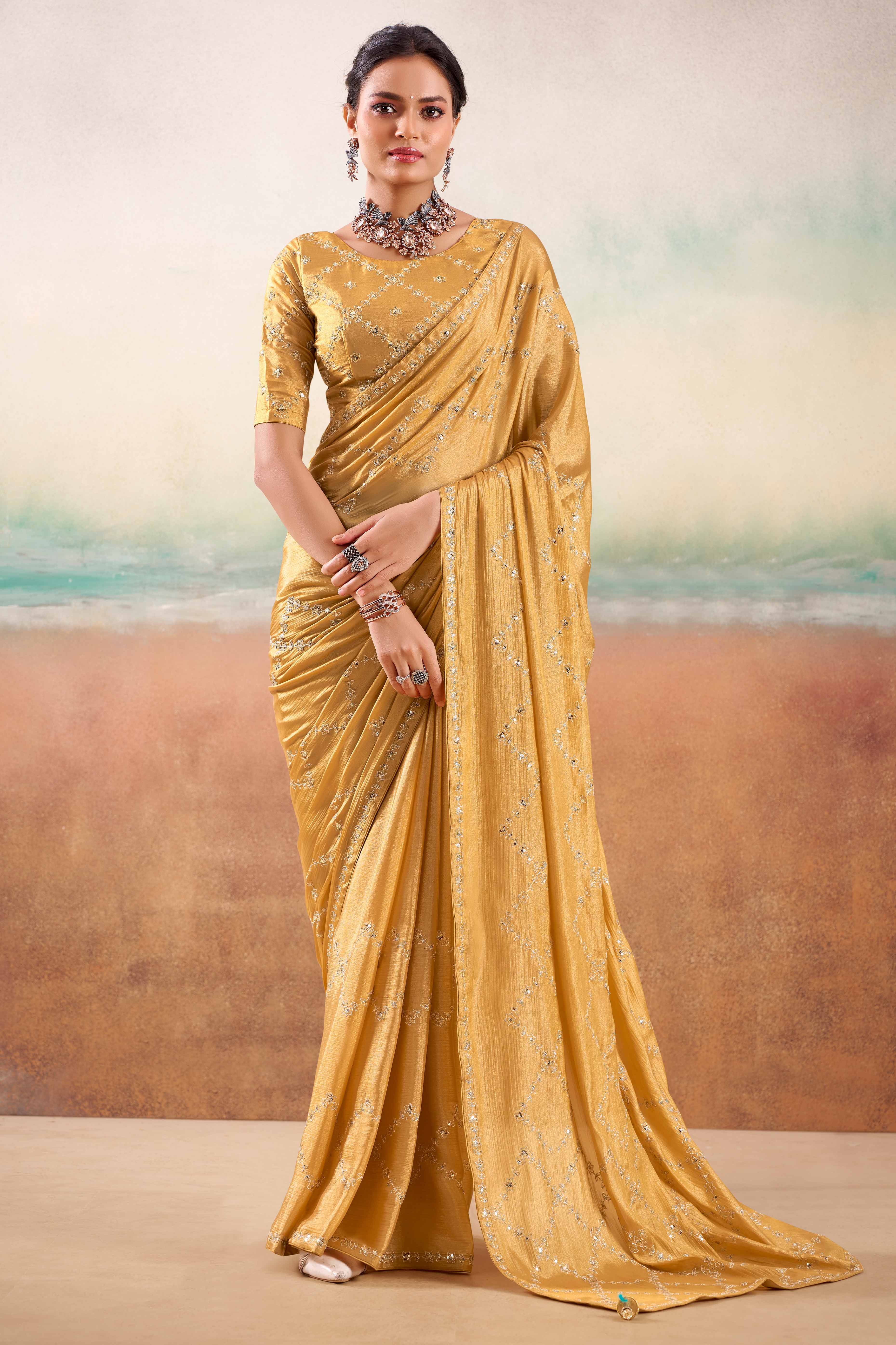 Chikoo Two Tone Chiffon Saree Adorned With Floral Cording Embroidery & Sequins Work