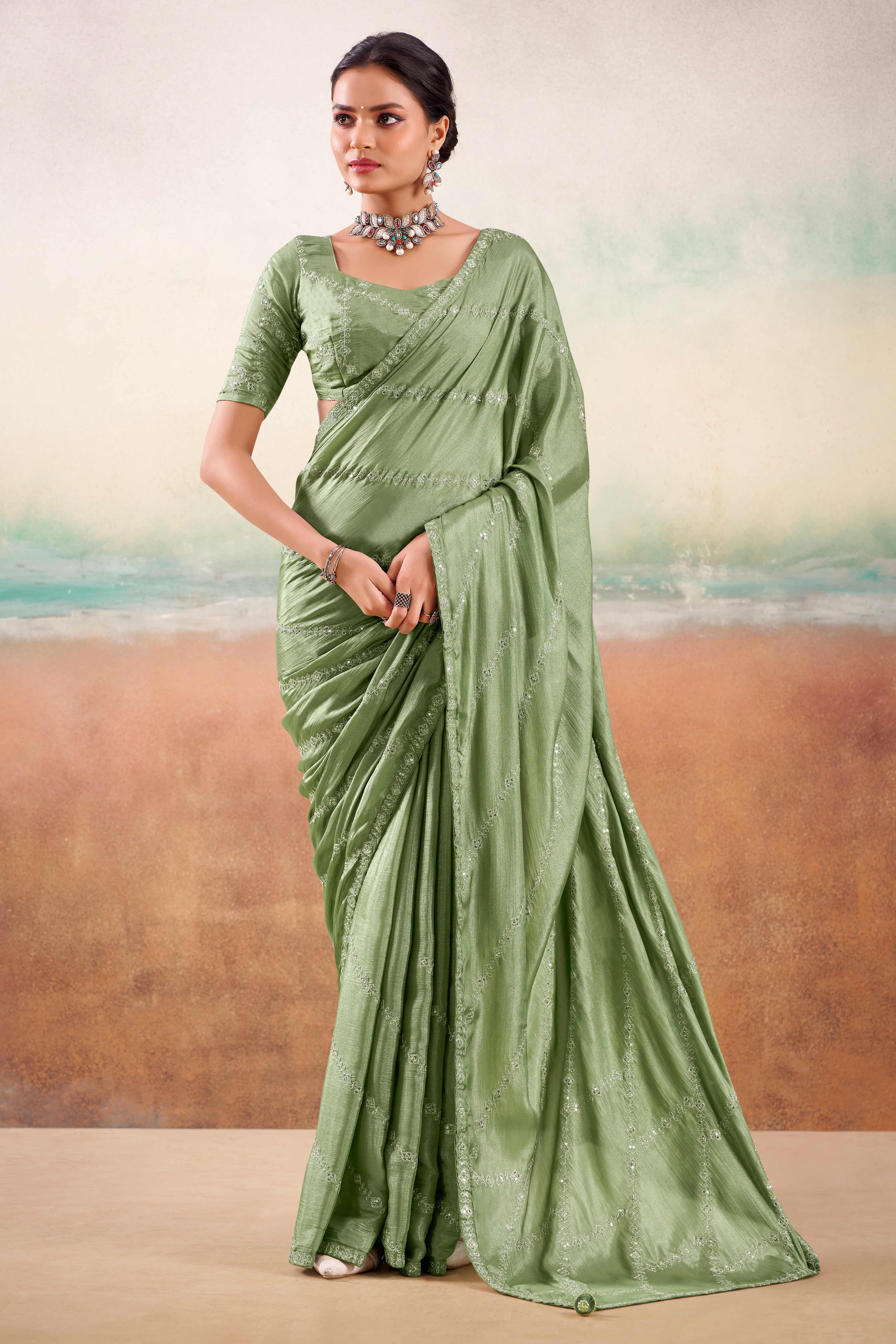Green Two Tone Chiffon Saree Adorned With Floral Cording Embroidery & Sequins Work