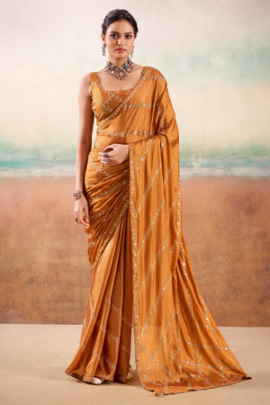 Burnt Orange Two Tone Chiffon Saree Adorned With Floral Cording Embroidery & Sequins Work