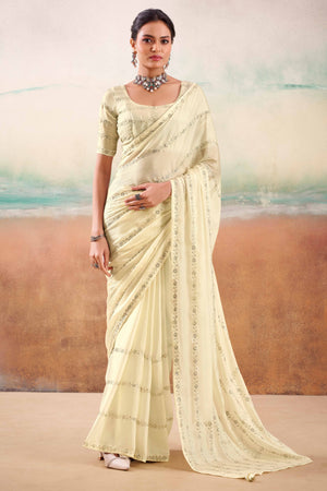 Offwhite Two Tone Chiffon Saree Adorned With Floral Cording Embroidery & Sequins Work
