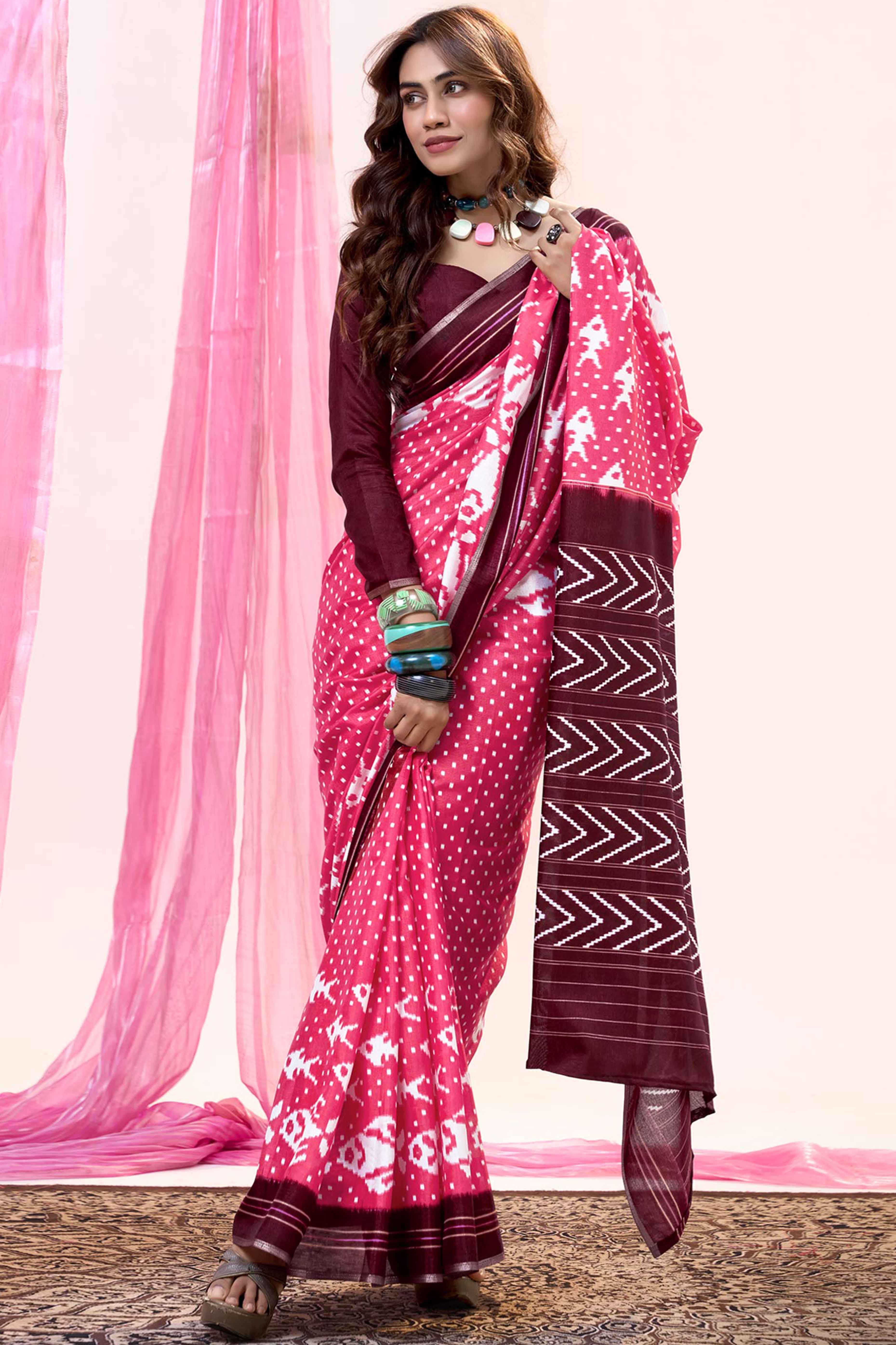 Pink Mill Printed Tussar Silk Saree