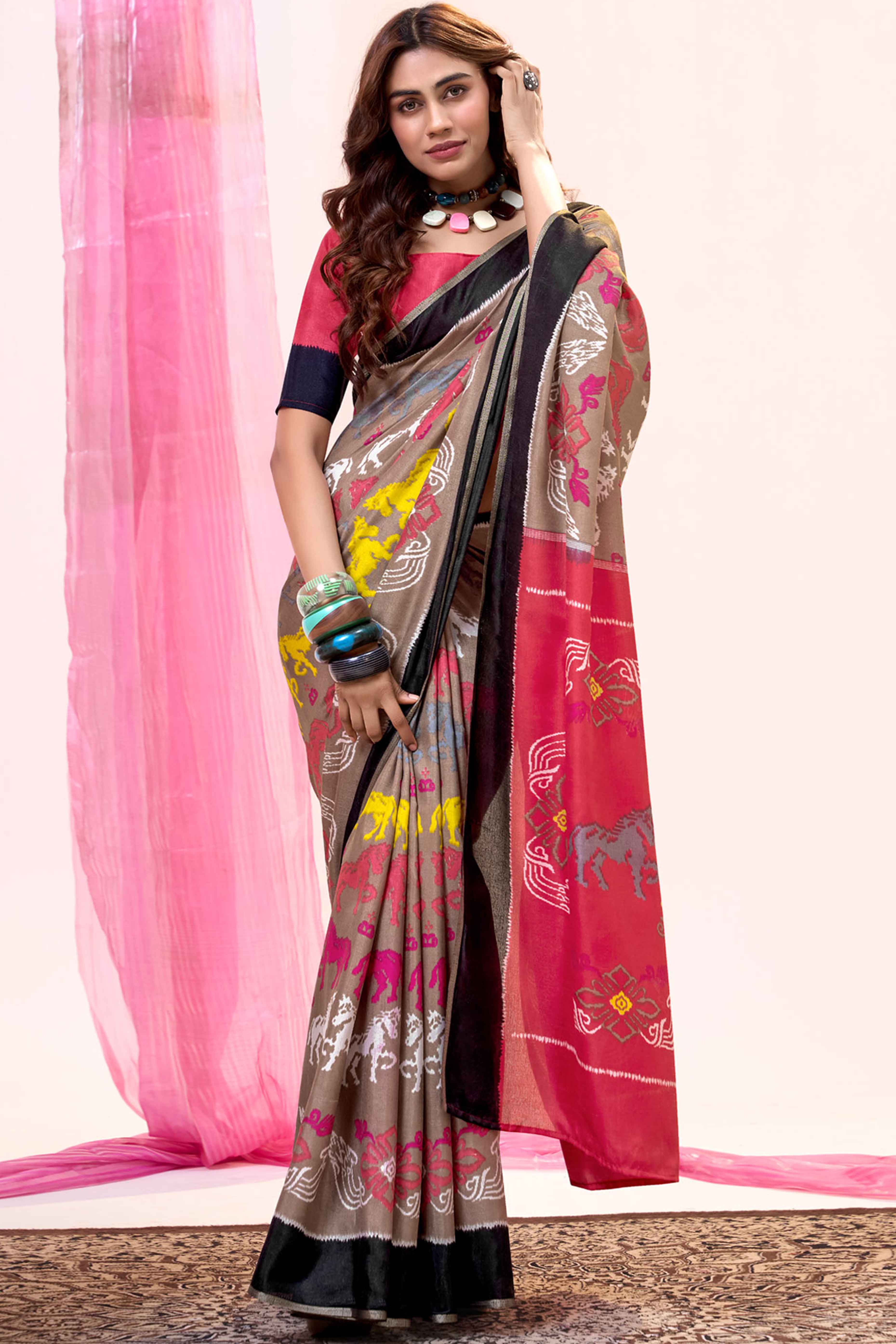 Brown Mill Printed Tussar Silk Saree