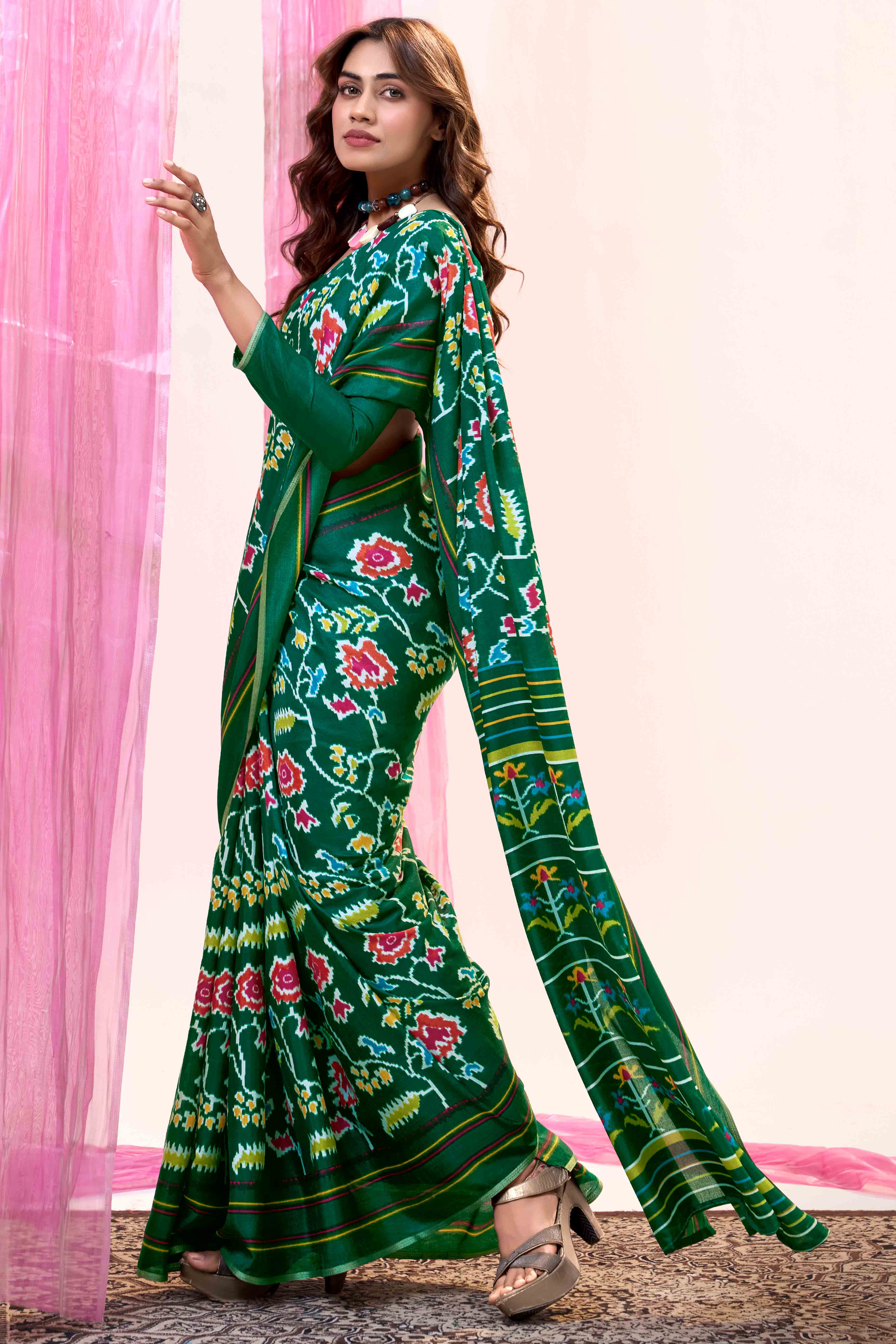 Green Floral Mill Printed Tussar Silk Saree