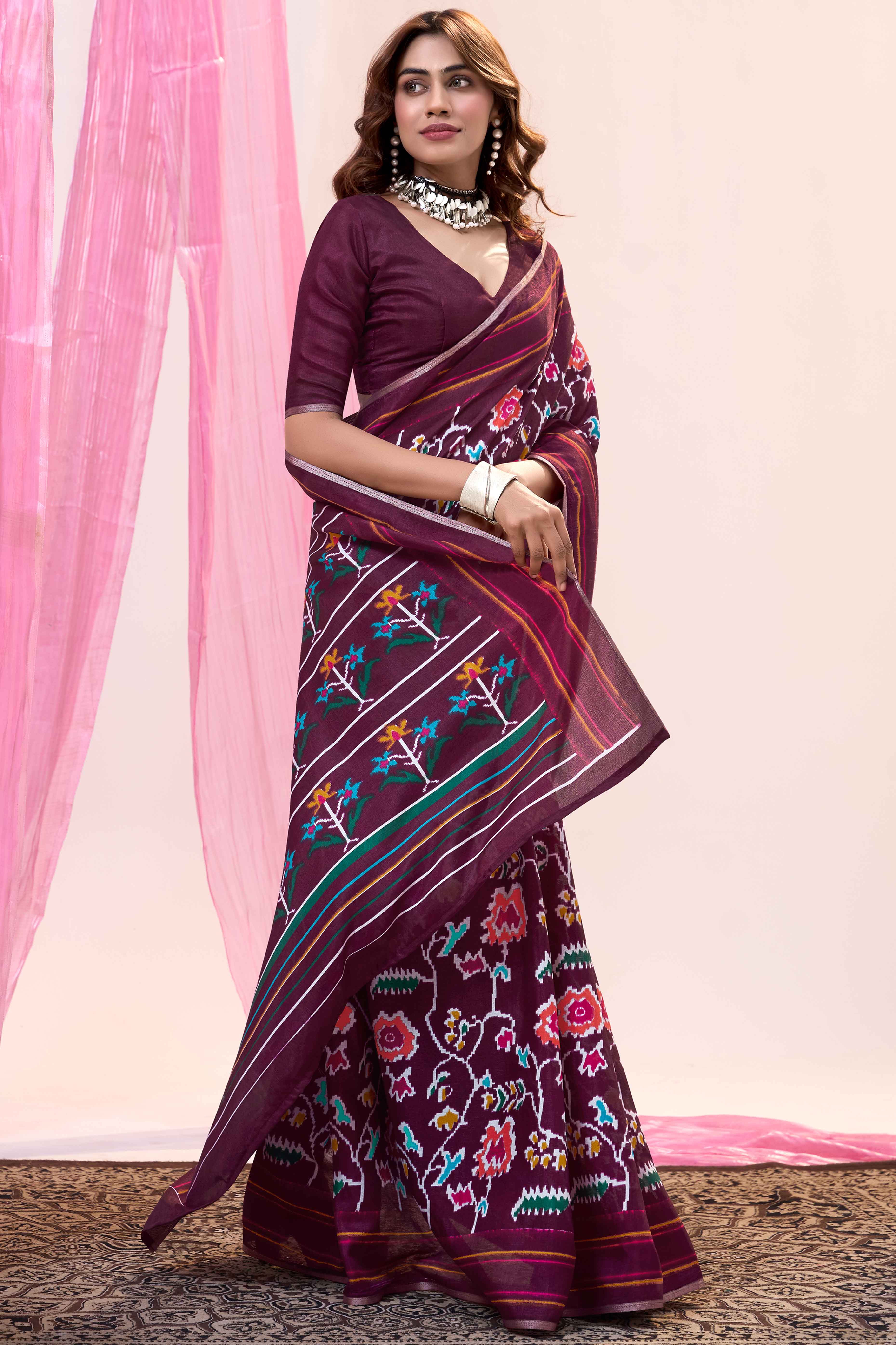 Wine Floral Mill Printed Tussar Silk Saree