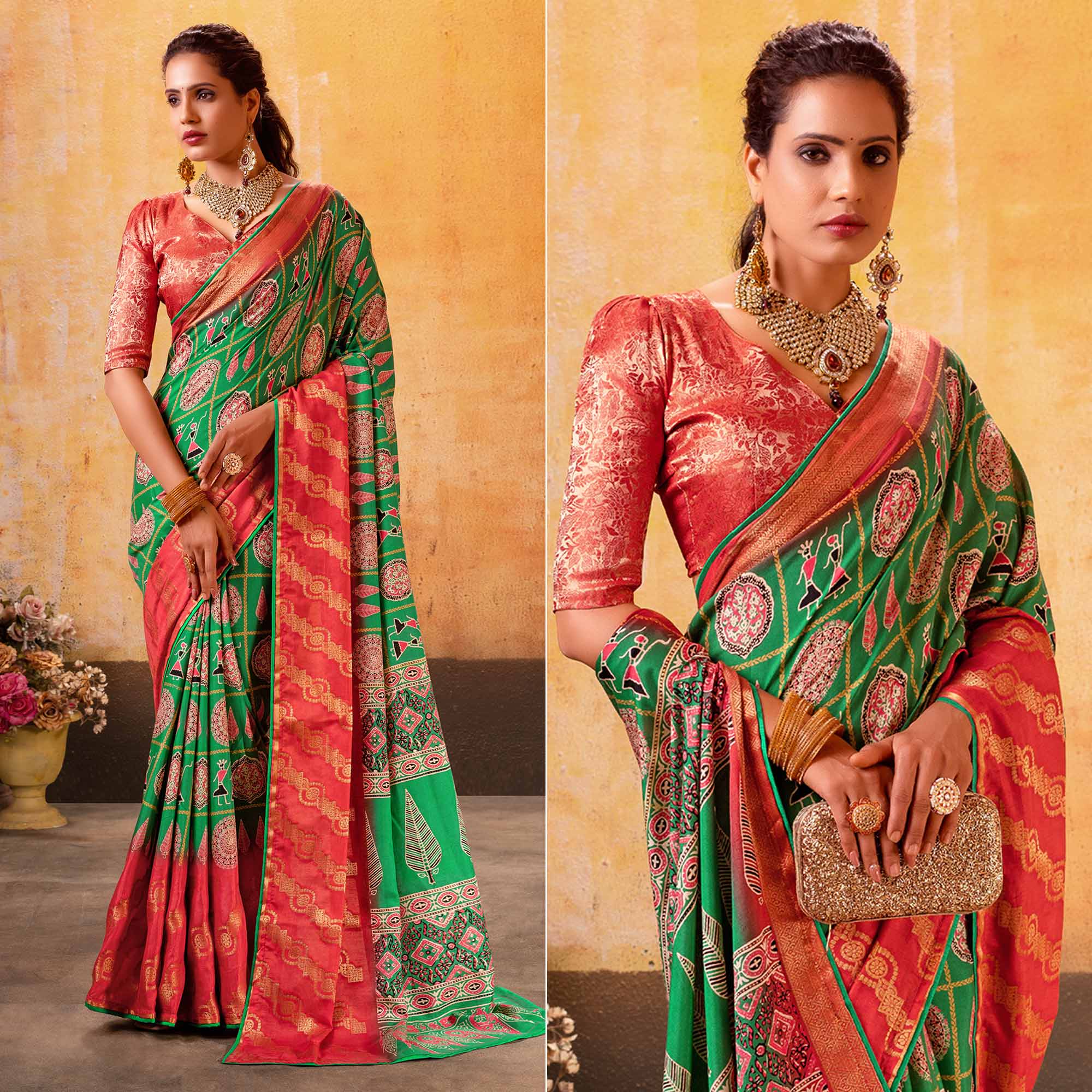 Rama Green Patola Printed Jacquard Saree