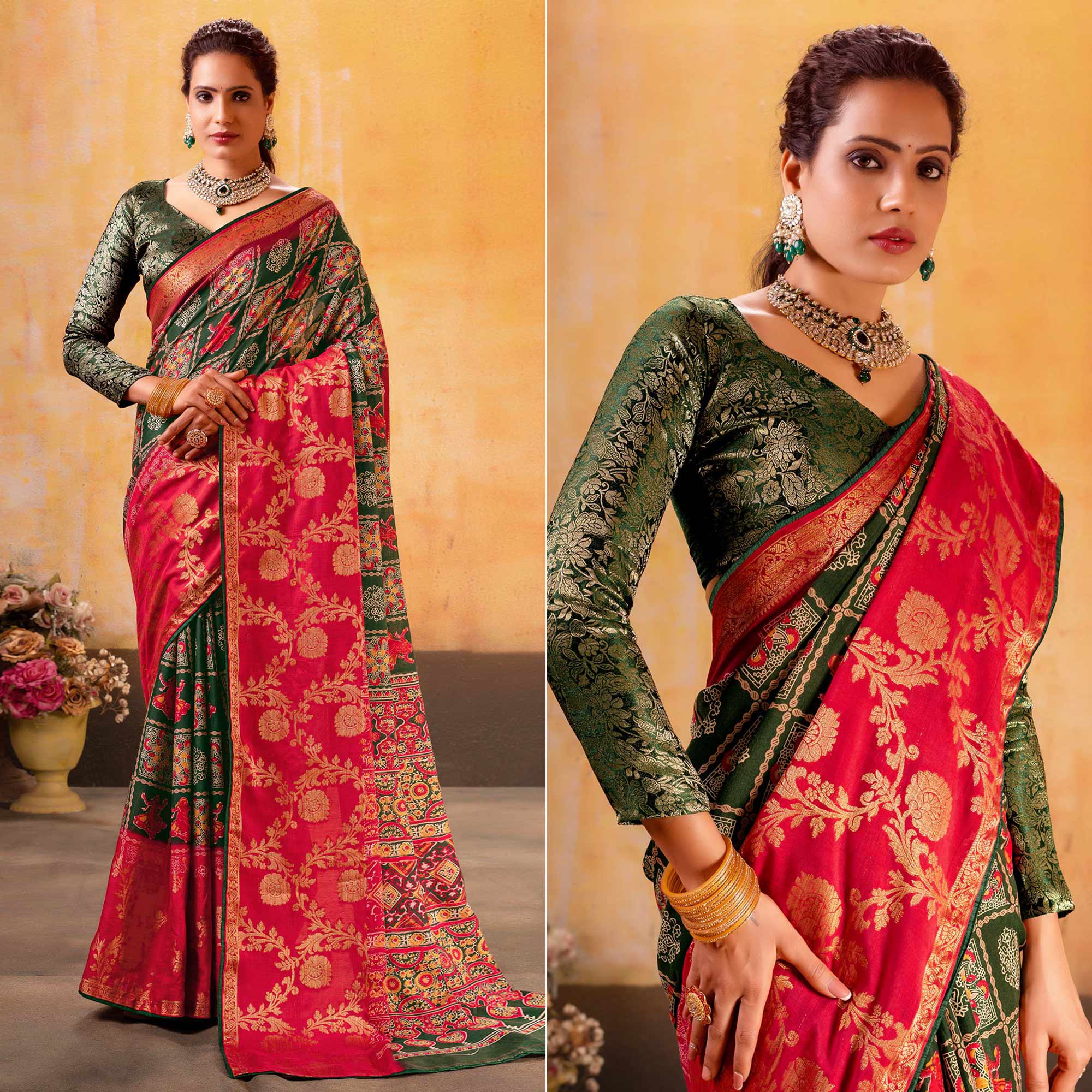 Dark Green Patola Printed Jacquard Saree