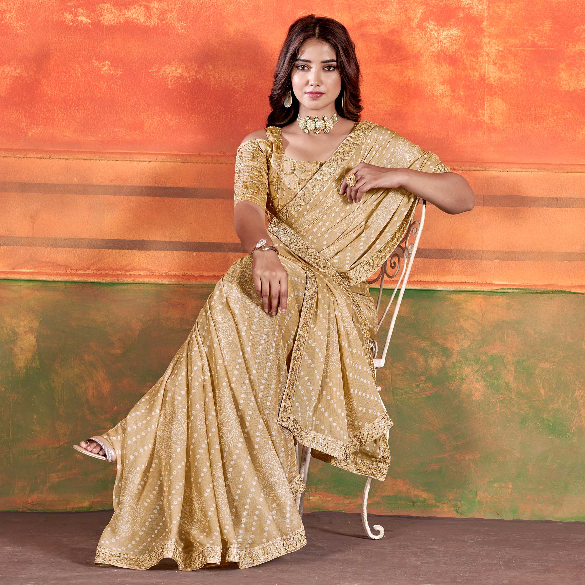 Chikoo Bandhani Printed Chiffon Saree With Embroidered Border