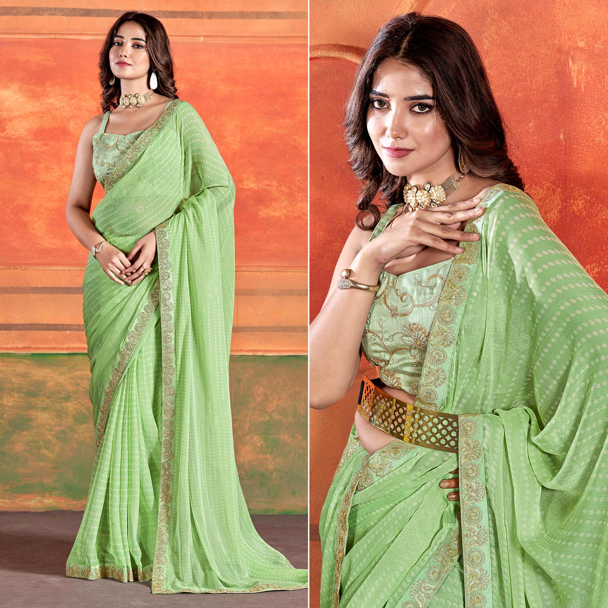 Green Bandhani Printed Chiffon Saree With Embroidered Border