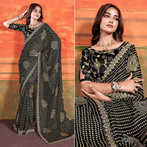 Black Bandhani Printed Chiffon Saree With Embroidered Border