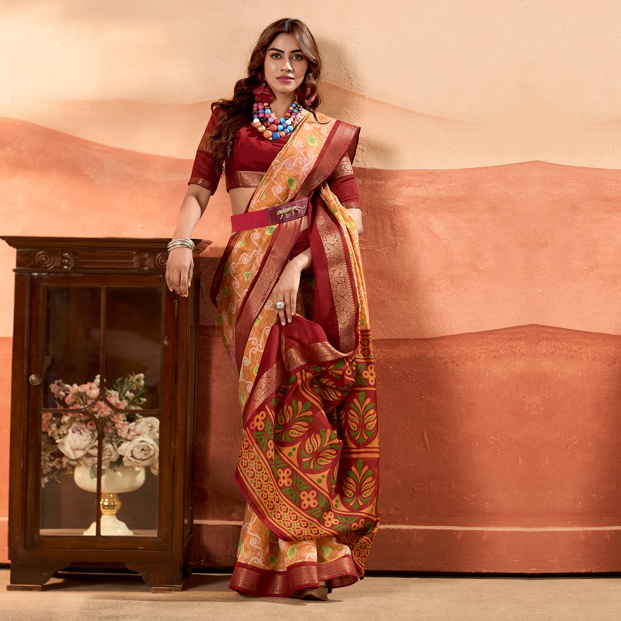 Orange Printed Cotton Silk Saree With Zari Border