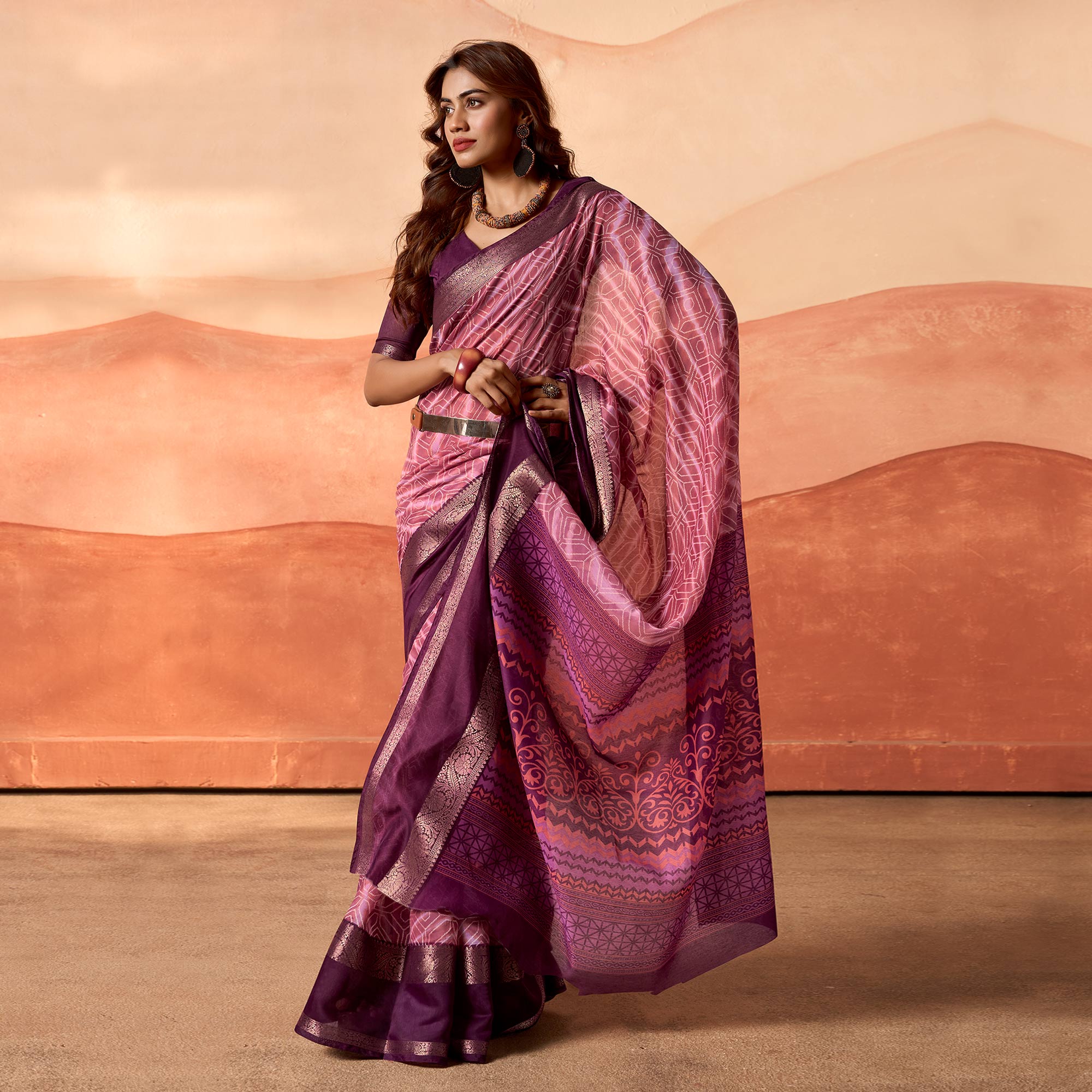 Mauve Printed Cotton Silk Saree With Zari Border