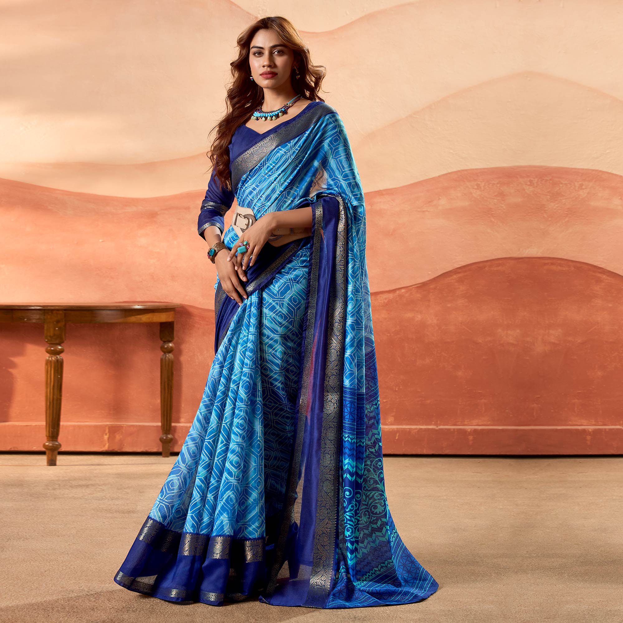 Blue Printed Cotton Silk Saree With Zari Border