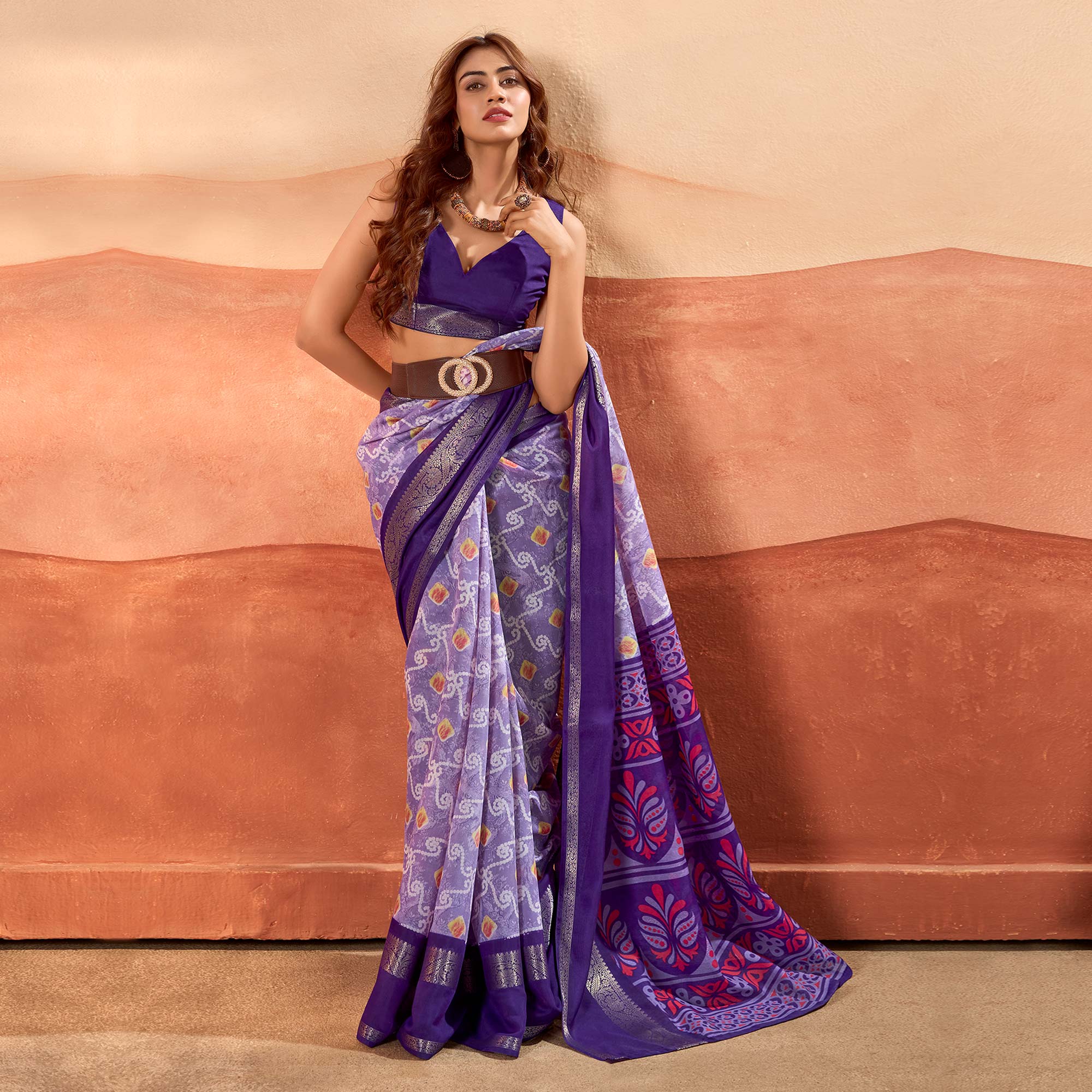 Lavender Printed Cotton Silk Saree With Zari Border