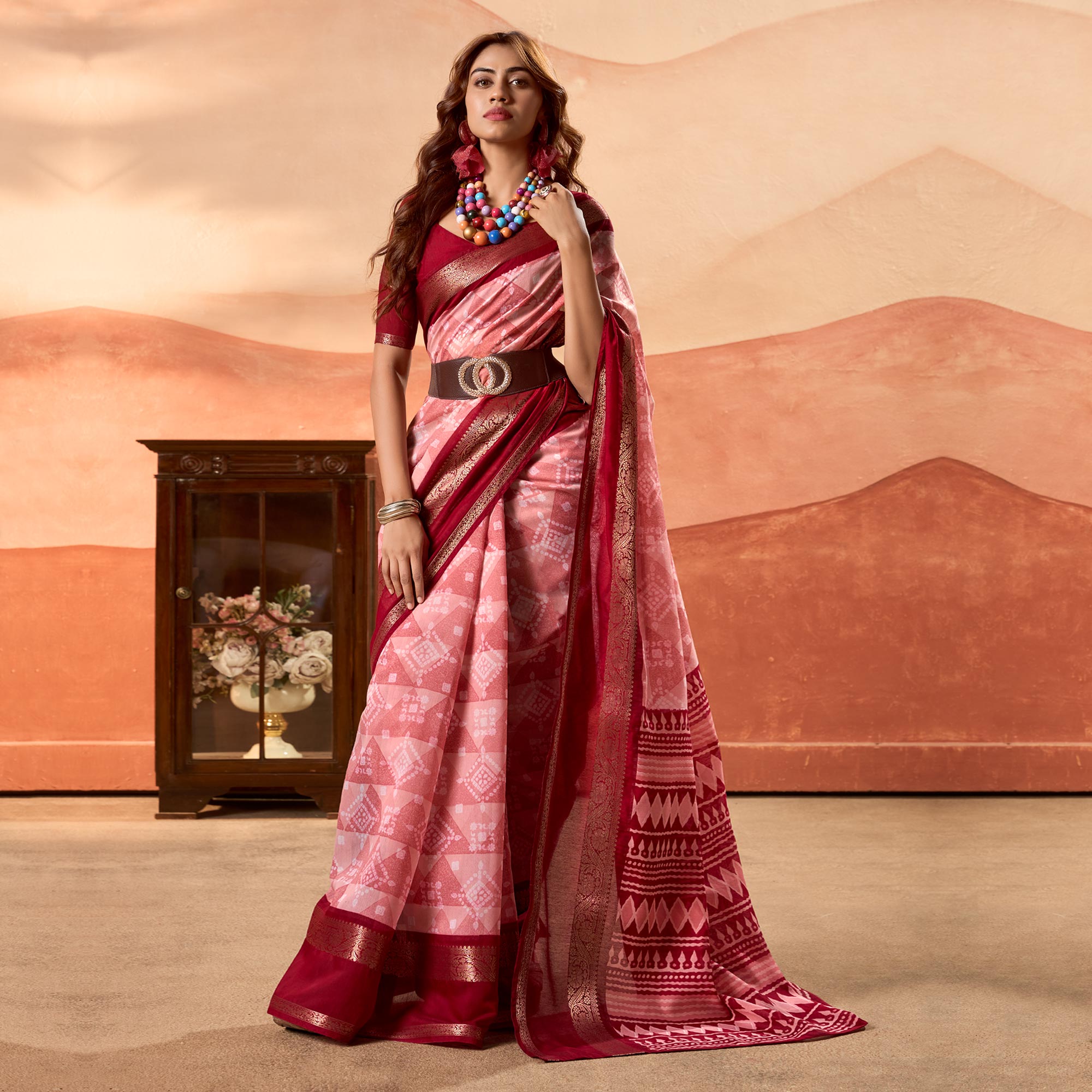 Gajri Pink Printed Cotton Silk Saree With Zari Border