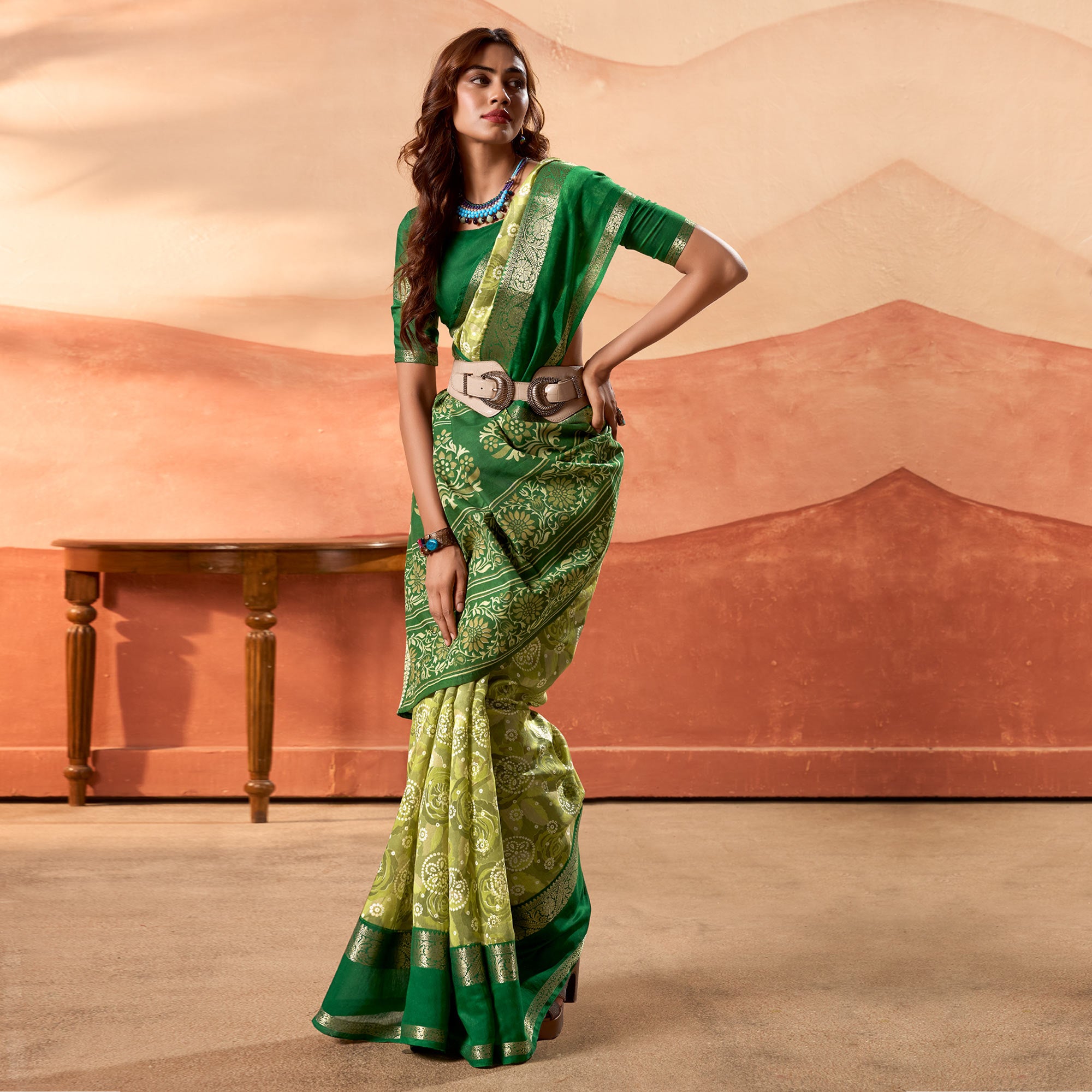 Green Printed Cotton Silk Saree With Zari Border